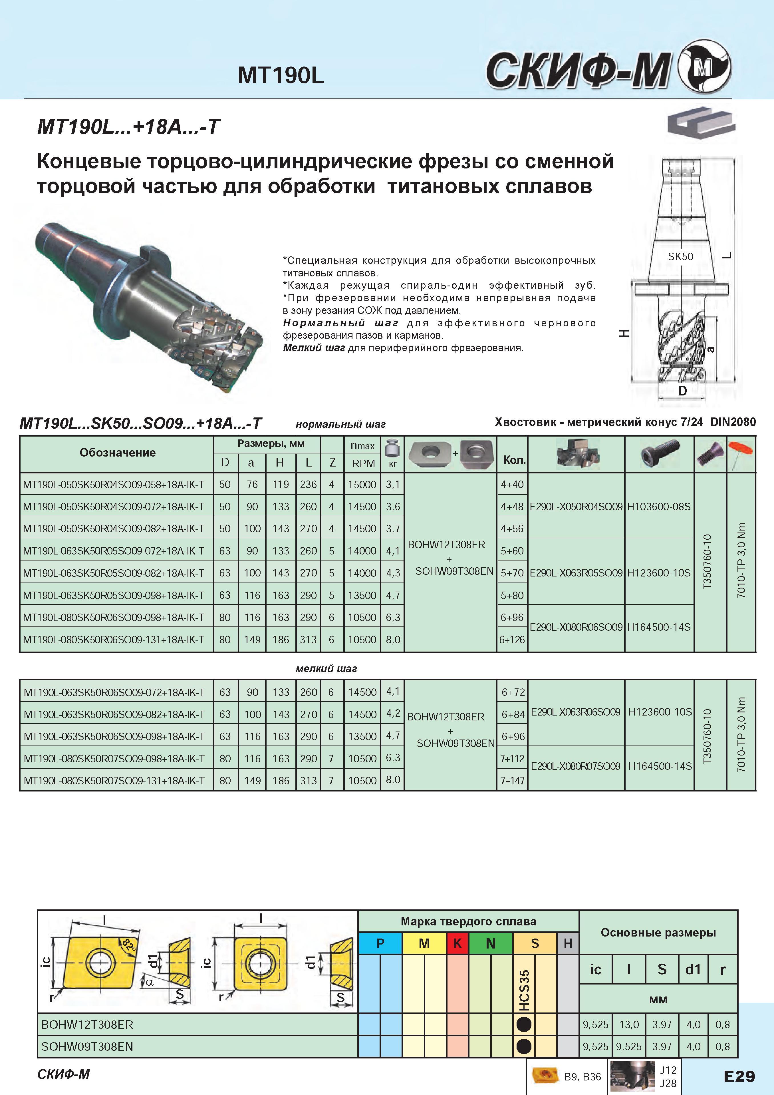 207 Концевые торцово-цилиндрические фрезы Скиф-М MT190L +18A -T со сменной торцовой частью для обработки титановых сплавов Специальная конструкция Каталог СКИФ-М 2015 Металлорежущий фрезерный и сверлильный инструмент для универсальных станков и центров с ЧПУ Стр. E29