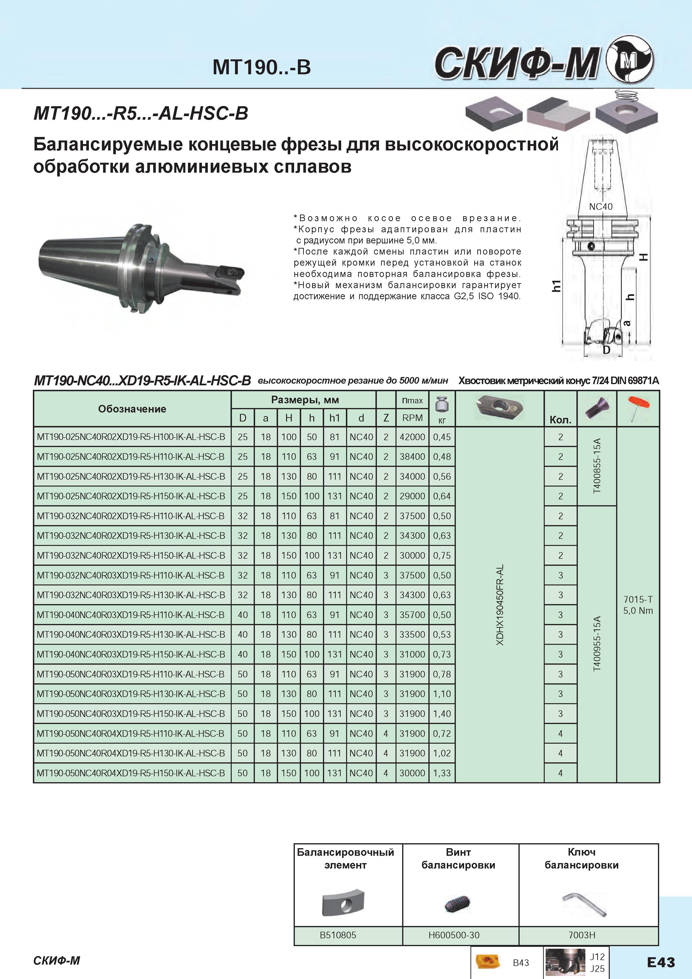 221 Балансируемые концевые фрезы Скиф-М MT190 -R5 -AL-HSC-B WA для высокоскоростной обработки алюминиевых сплавов Возможно косое осевое врезание Ко Каталог СКИФ-М 2015 Металлорежущий фрезерный и сверлильный инструмент для универсальных станков и центров с ЧПУ Стр. E43