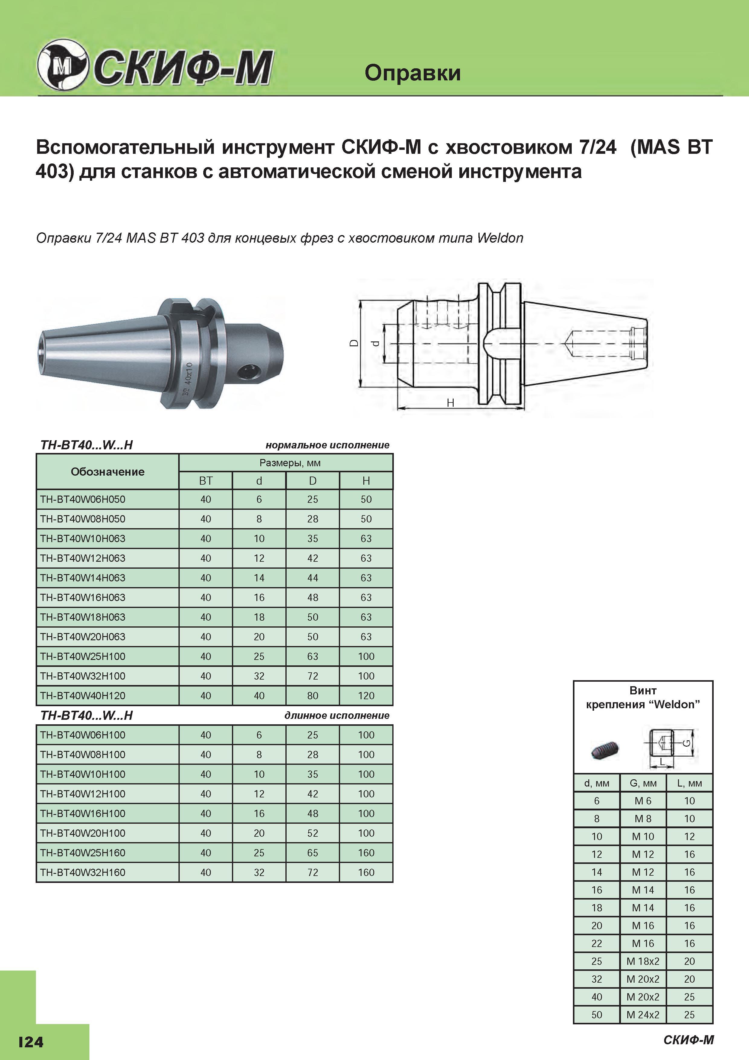 408 Вспомогательный инструмент СКИФ-М с хвостовиком 7/24 (MAS BT 403) для станков с автоматической сменой инструмента Оправки 7/24 MAS BT 403 для к Каталог СКИФ-М 2015 Металлорежущий фрезерный и сверлильный инструмент для универсальных станков и центров с ЧПУ Стр. I24