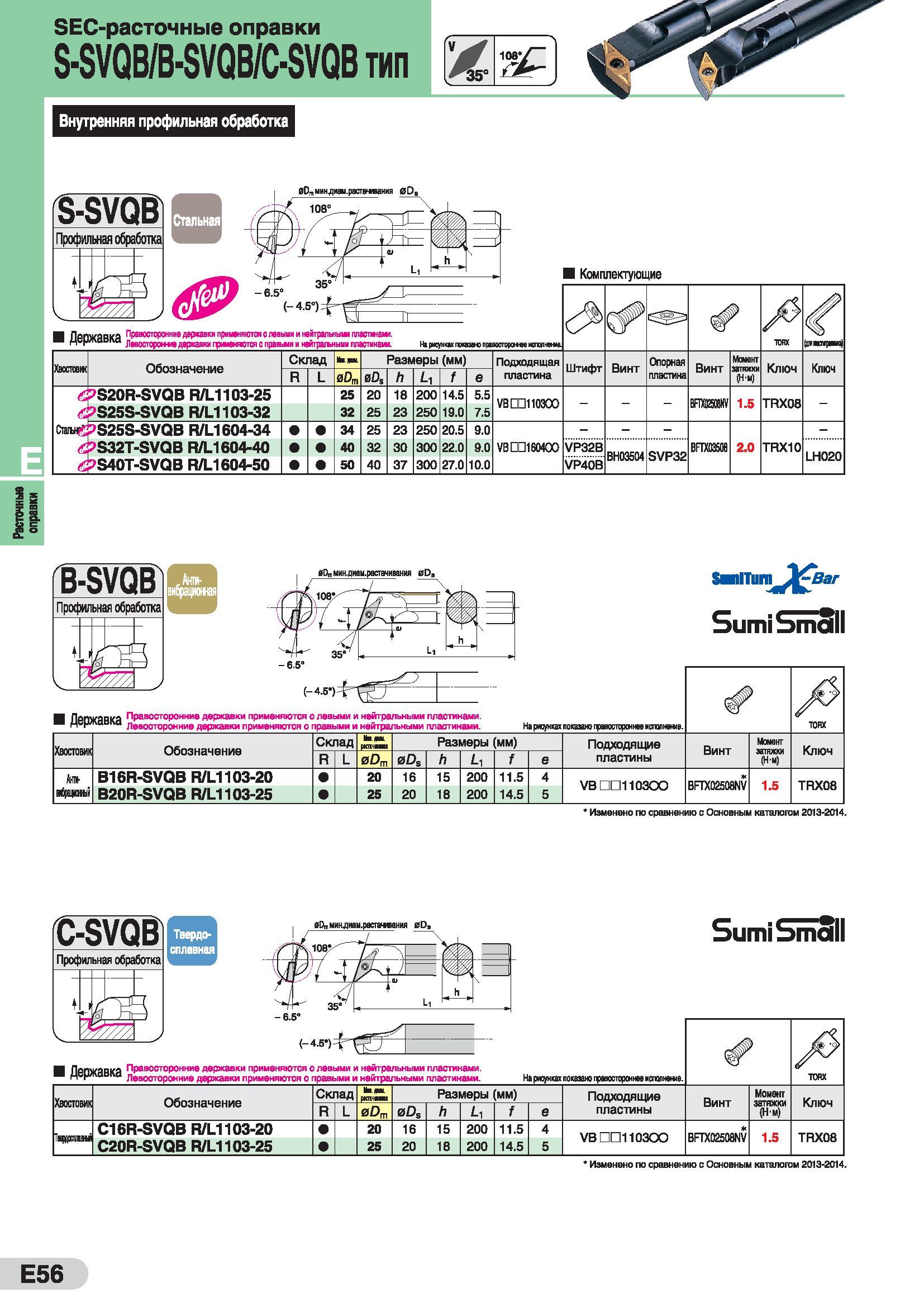 302 оправки SEC-расточные оправки S-SVQB/B-SVQB/C-SVQB тип Внутренняя профильная обработка 3-SVQB вОшМиндиам ресгамвания 0р, Комплектующие Пепжавкя п Каталог SUMITOMO 2016 Режущий инструмент для металлорежущих станков Сверла твердосплавные и со сменными пластинами Фрезы концевые и насадные Резцы токарные Стр. E56