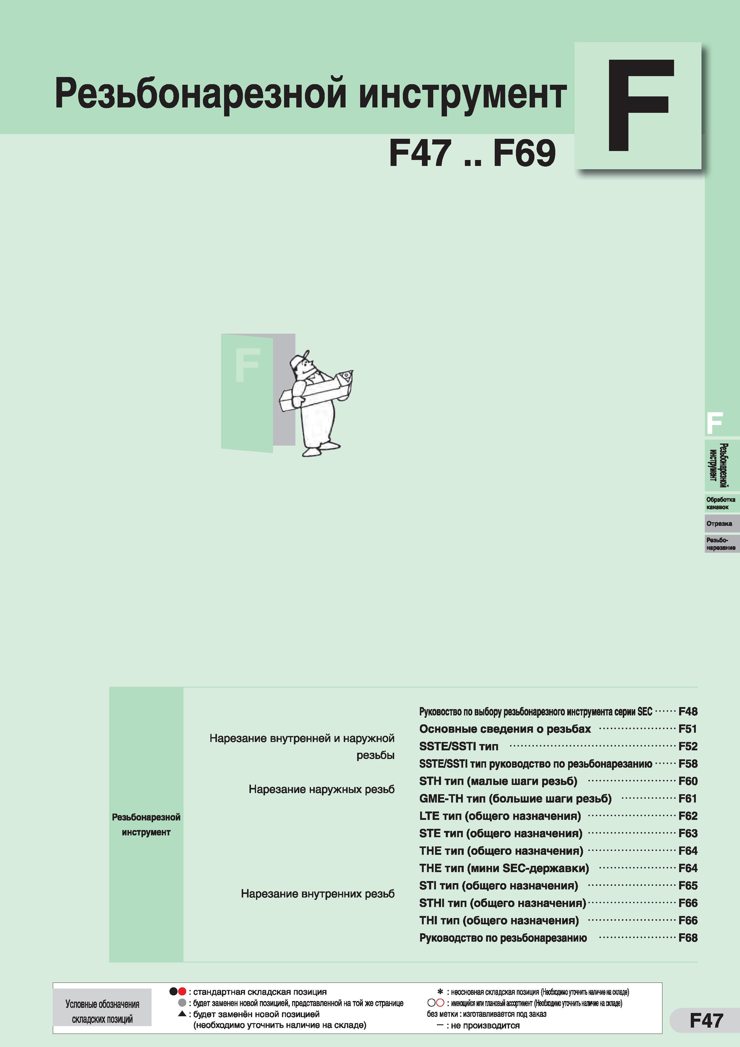 371 Резьбонарезной инструмент F47 F69 Обработка Отрезка Резьбонарезан ив Нарезание внутренней и наружной резьбы Нарезание наружных резьб Резьбонарезн Каталог SUMITOMO 2016 Режущий инструмент для металлорежущих станков Сверла твердосплавные и со сменными пластинами Фрезы концевые и насадные Резцы токарные Стр. F47