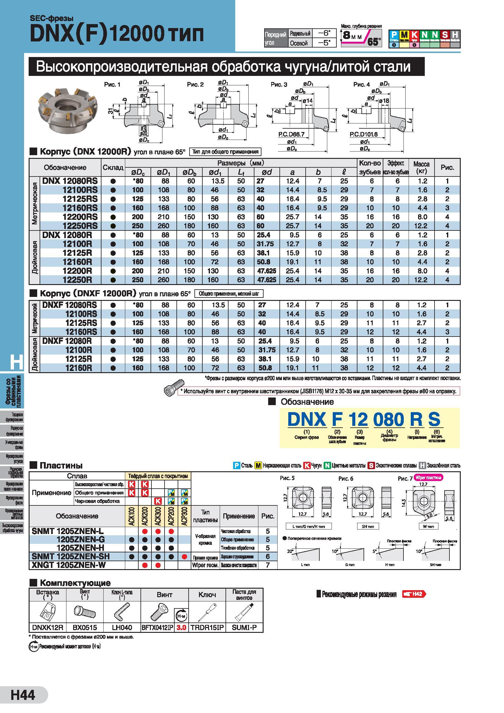 456 SEC-фреэы DNX(F)12000Tnn Радиальный -6 t Осевой -5 Маке, глубина рвзанин >М М 65 р га к N N S Н loj 1 U Высокопроизводительная обработка чугуна/л Каталог SUMITOMO 2016 Режущий инструмент для металлорежущих станков Сверла твердосплавные и со сменными пластинами Фрезы концевые и насадные Резцы токарные Стр. H44
