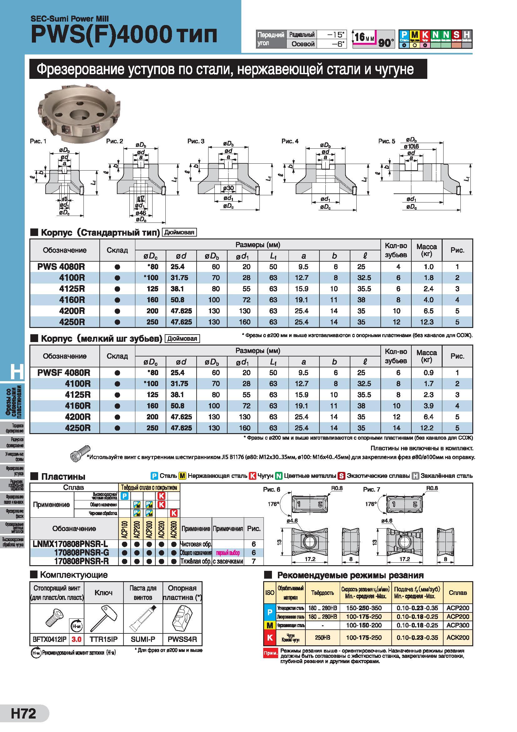 484 SEC-Sumi Power Mill PWS(F)4000Tiin Передний угол Радиальный -15° Осевой -6° 90 РГДК N N S H I-O I О 1-2 I J I I Фрезерование уступов по стали, не Каталог SUMITOMO 2016 Режущий инструмент для металлорежущих станков Сверла твердосплавные и со сменными пластинами Фрезы концевые и насадные Резцы токарные Стр. H72