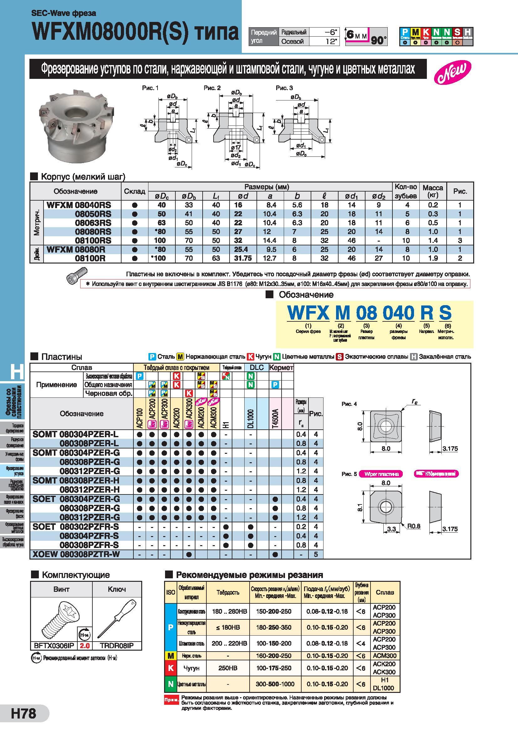 490 SEC-Wave фреза WFXM08000R(S) типа Передний угол РЗДиальшй -6 Осевой 12 90 £ К N N S Lil о ОО JLI о| 1 Фрезерование уступов по стали, наржавеющей Каталог SUMITOMO 2016 Режущий инструмент для металлорежущих станков Сверла твердосплавные и со сменными пластинами Фрезы концевые и насадные Резцы токарные Стр. H78