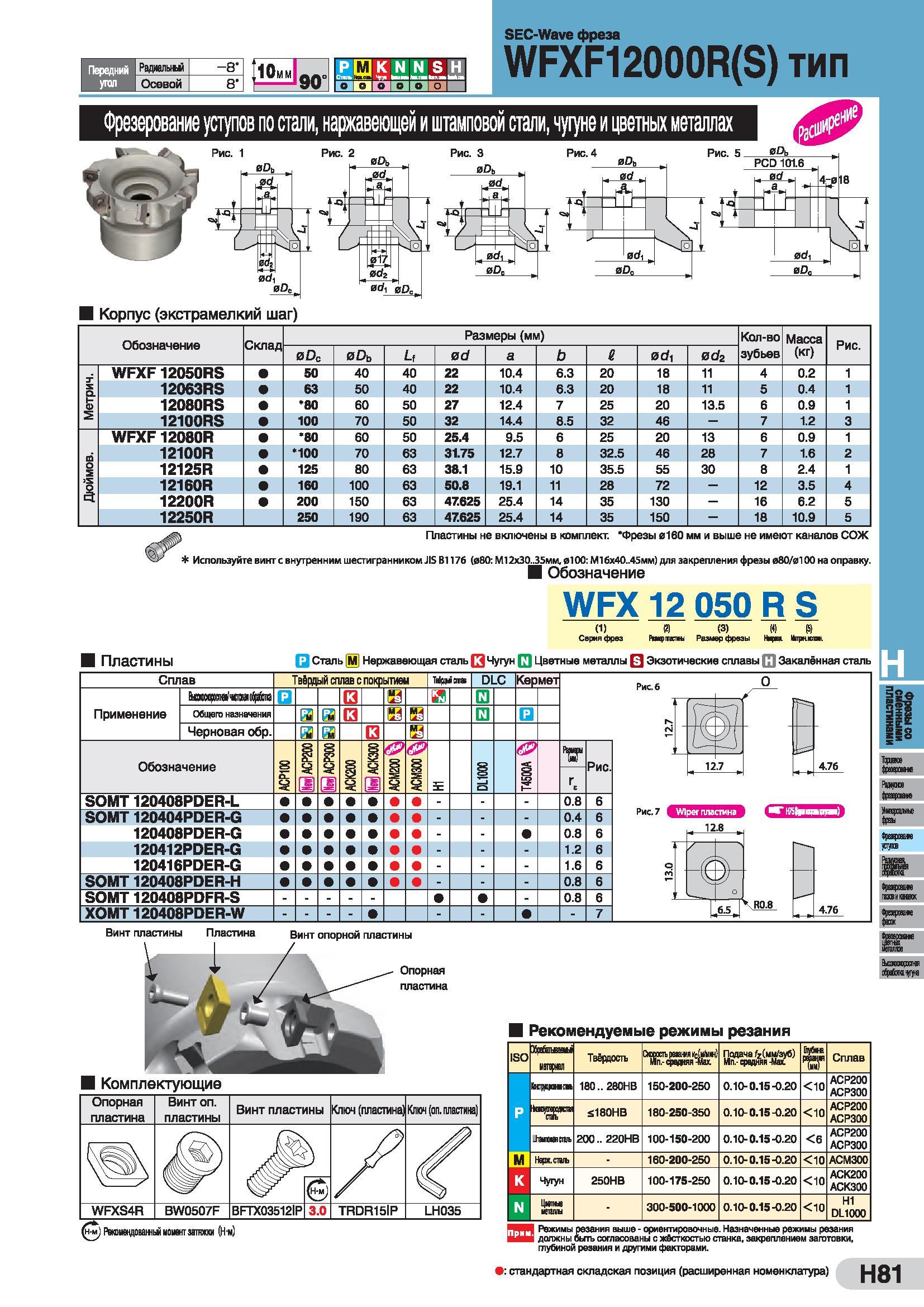 493 SEC-Wave фреза Передний угол Радиально -8 Осевой 8 90 WFXF12000R(S) тип РППК N N S Н СклИ5 4jtj NiBtantaiaMia Фрезерование уступов по стали, нарж Каталог SUMITOMO 2016 Режущий инструмент для металлорежущих станков Сверла твердосплавные и со сменными пластинами Фрезы концевые и насадные Резцы токарные Стр. H81