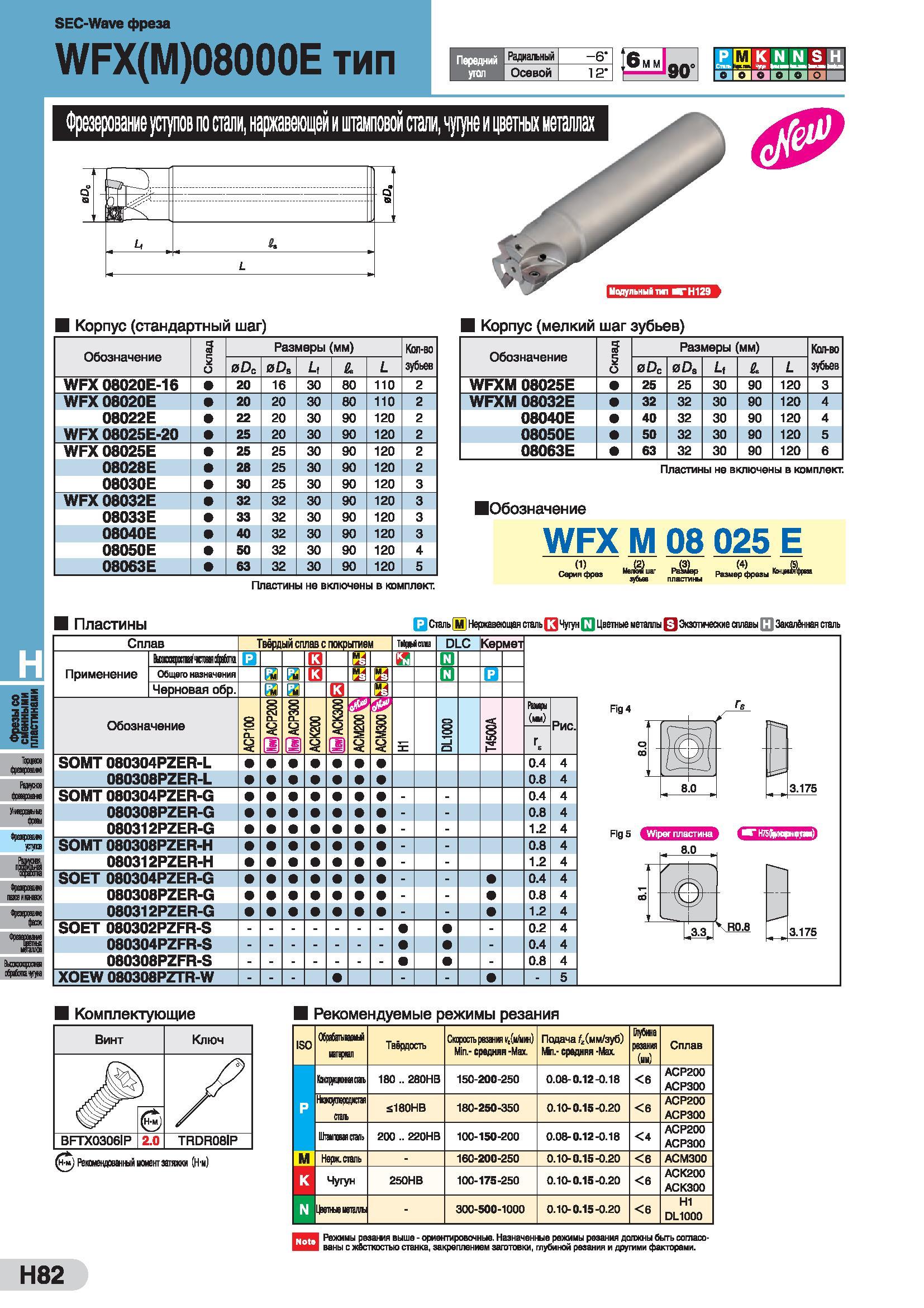 494 SEC-Wave фреза WFX(M)08000E тип Передний угал Радиапный -6 Осевой 1 2 90е Р К N cmi rT5 № N S ta Фрезерование уступов по стали, наржавеющей и шшп Каталог SUMITOMO 2016 Режущий инструмент для металлорежущих станков Сверла твердосплавные и со сменными пластинами Фрезы концевые и насадные Резцы токарные Стр. H82