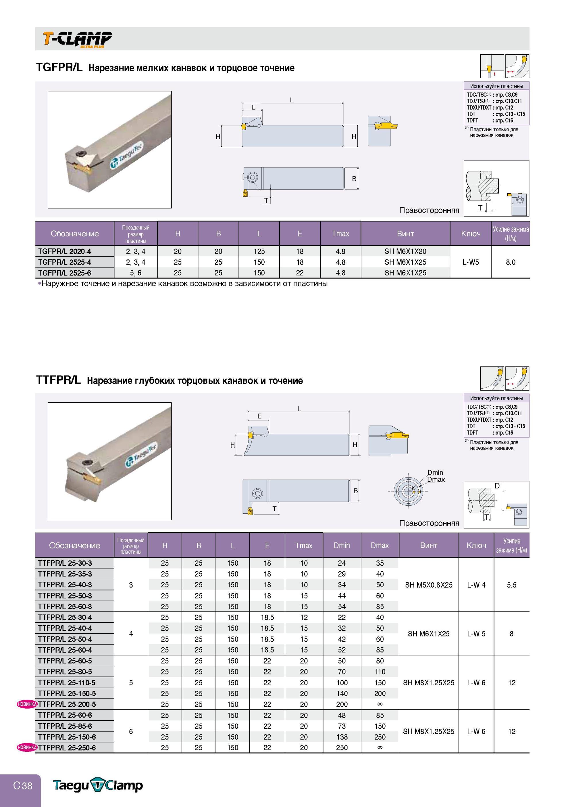 268 Точение Отрезка и обработка канавок T-CLAMP TGFPR/L Токарный резец Taegutec Нарезание мелких канавок и торцовое точение Обозначение Посадочный размер плас Каталог TAEGUTEC 2013 Режущий инструмент и инструментальная оснастка Стр. C38