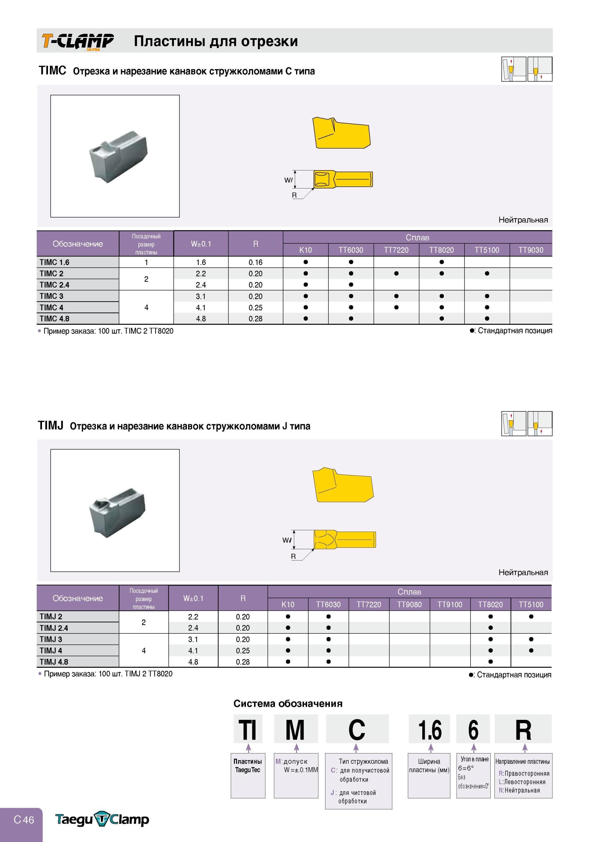 276 Точение Отрезка и обработка канавок T-CLAMP Пластины Taegutec сменные режущие TIMC Отрезка и нарезание канавок стружколомами С типа Сплав K10 TT6030 TT722 Каталог TAEGUTEC 2013 Режущий инструмент и инструментальная оснастка Стр. C46