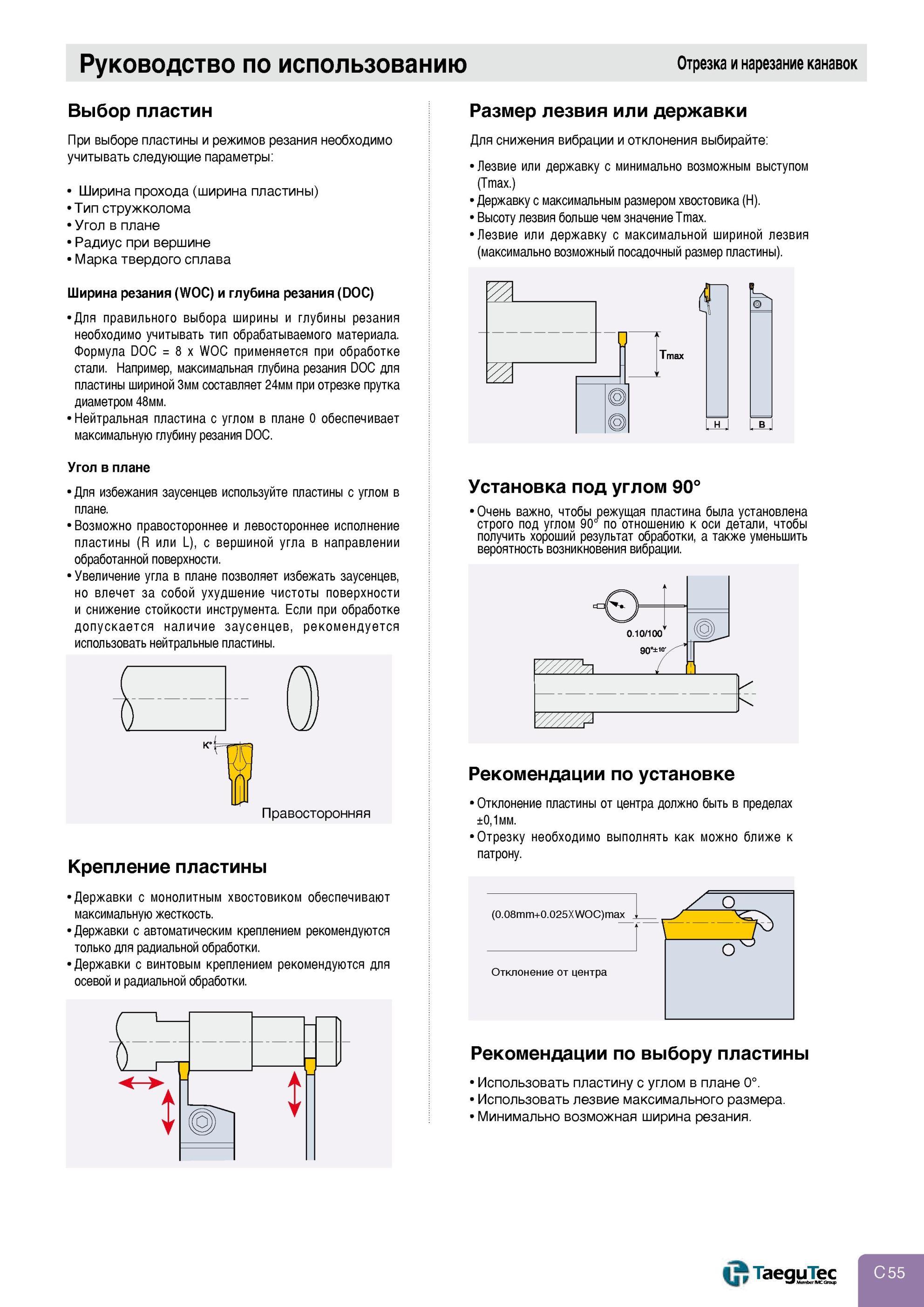 285 Руководство по металлообработке на токарных станках Отрезка и обработка канавок Выбор твердосплавных режущих канавочных пластин Taegutec При выборе пласти Каталог TAEGUTEC 2013 Режущий инструмент и инструментальная оснастка Стр. C55