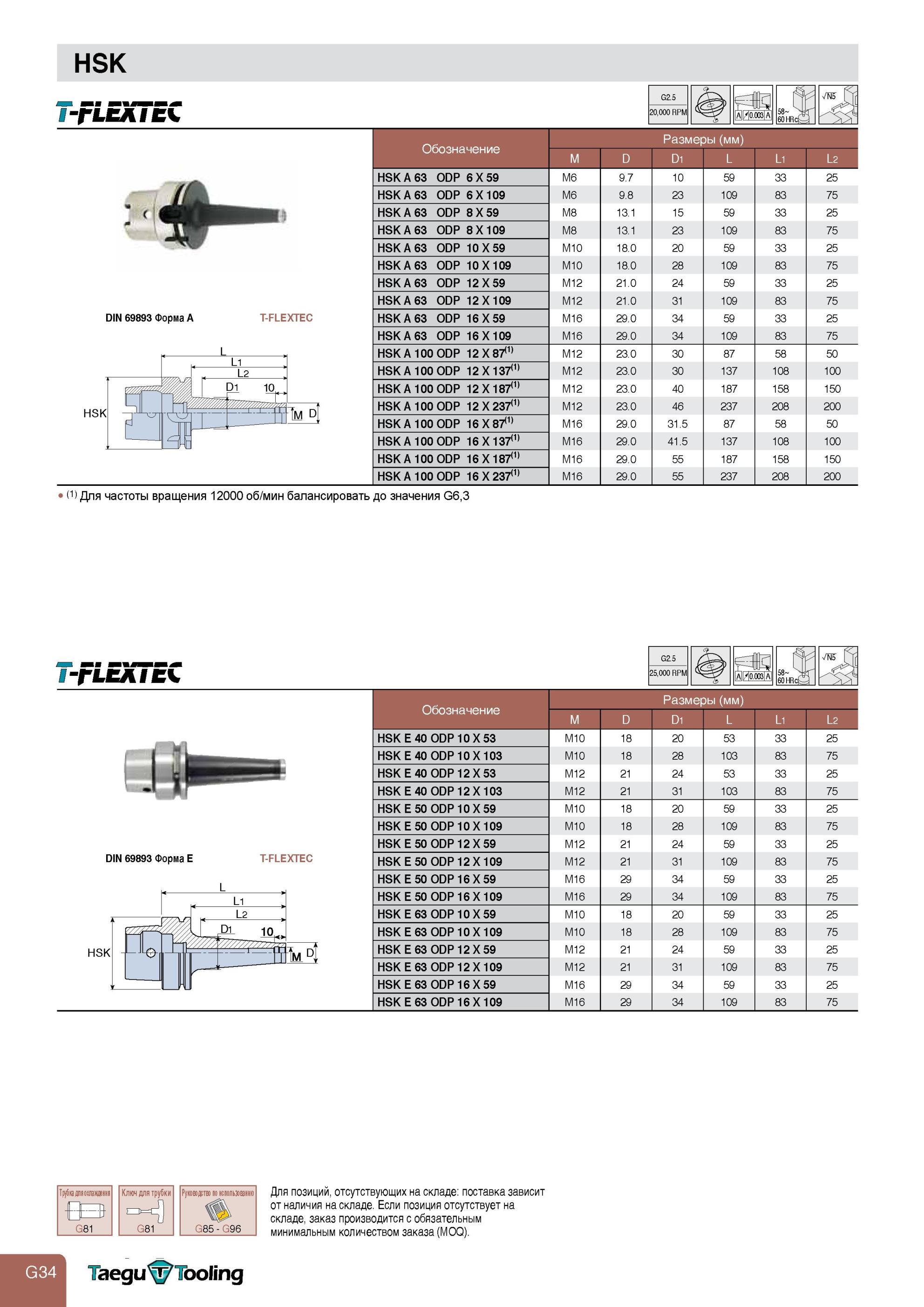 782 Инструментальная оснастка Taegutec с конусом HSK DIN 69893 Форма A E Обозначения Размеры Патроны с резьбовым разъемом T-FLEXTEC модульная фрезерная систем Каталог TAEGUTEC 2013 Режущий инструмент и инструментальная оснастка Стр. G34