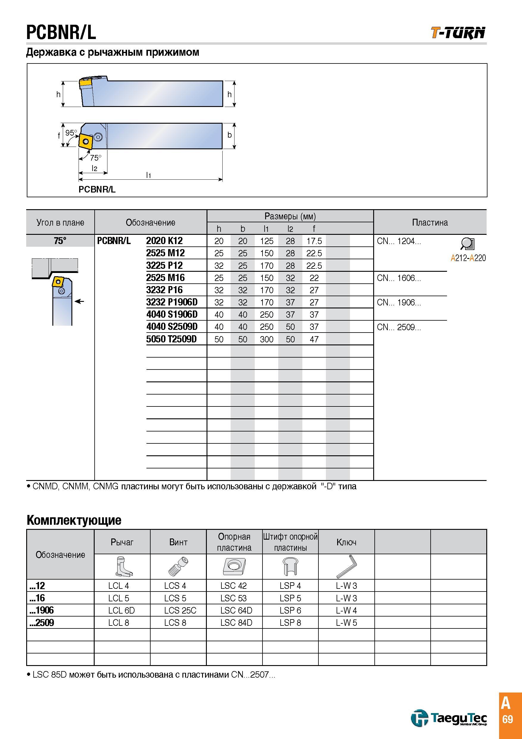 72 Токарные резцы TaeguTec PCBNR/L T-Turn с режущими сменными пластинами и призматическим хвостовиком Державка с рычажным прижимом Угол в плане Обоз Каталог TAEGUTEC 2015 Металлорежущий инструмент и инструментальная оснастка для металлообрабатывающих станков Точение Фрезерование Сверление Стр. A69