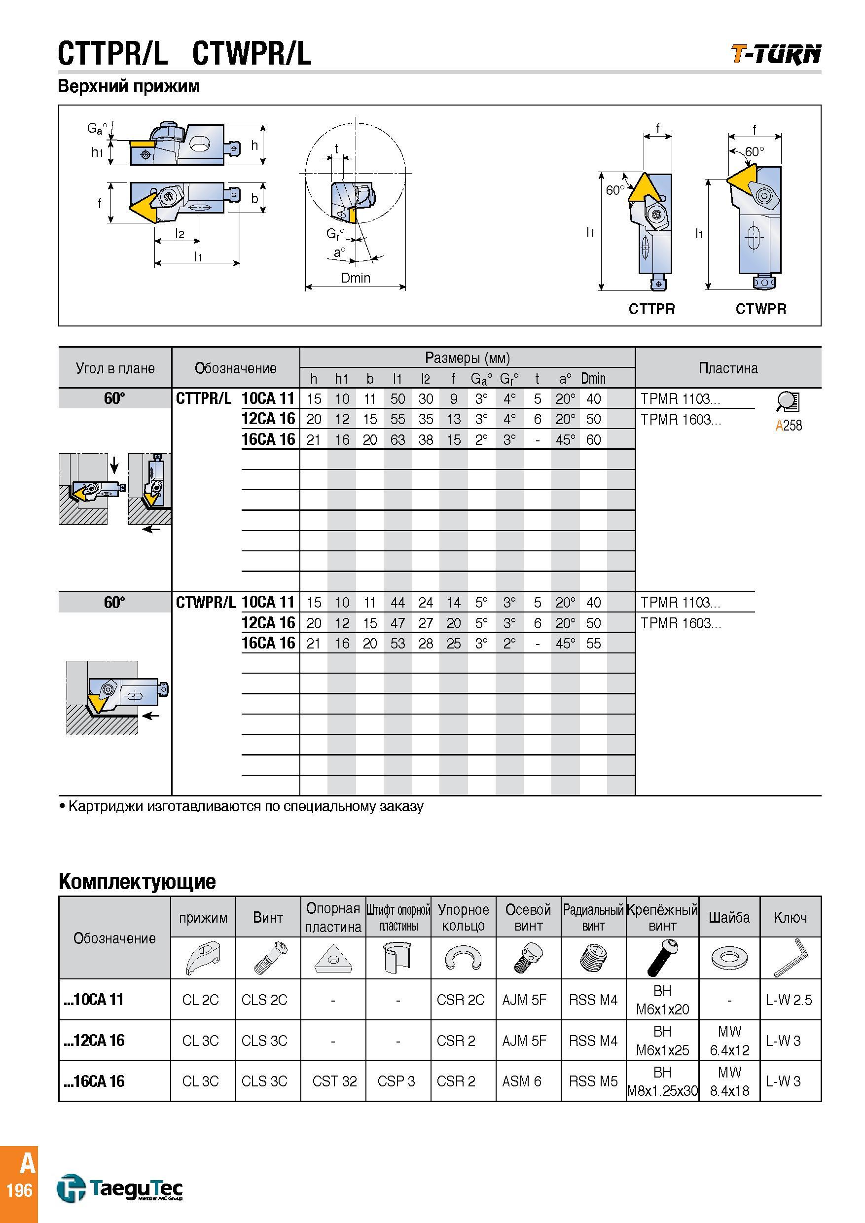 199 CTTPR/L CTWPR/L T-Turn Верхний прижим Комплектующие Обозначение прижим Винт Опорная пластина Штифт опорной пластины Упорное кольцо Осевой винт Ра Каталог TAEGUTEC 2015 Металлорежущий инструмент и инструментальная оснастка для металлообрабатывающих станков Точение Фрезерование Сверление Стр. A196