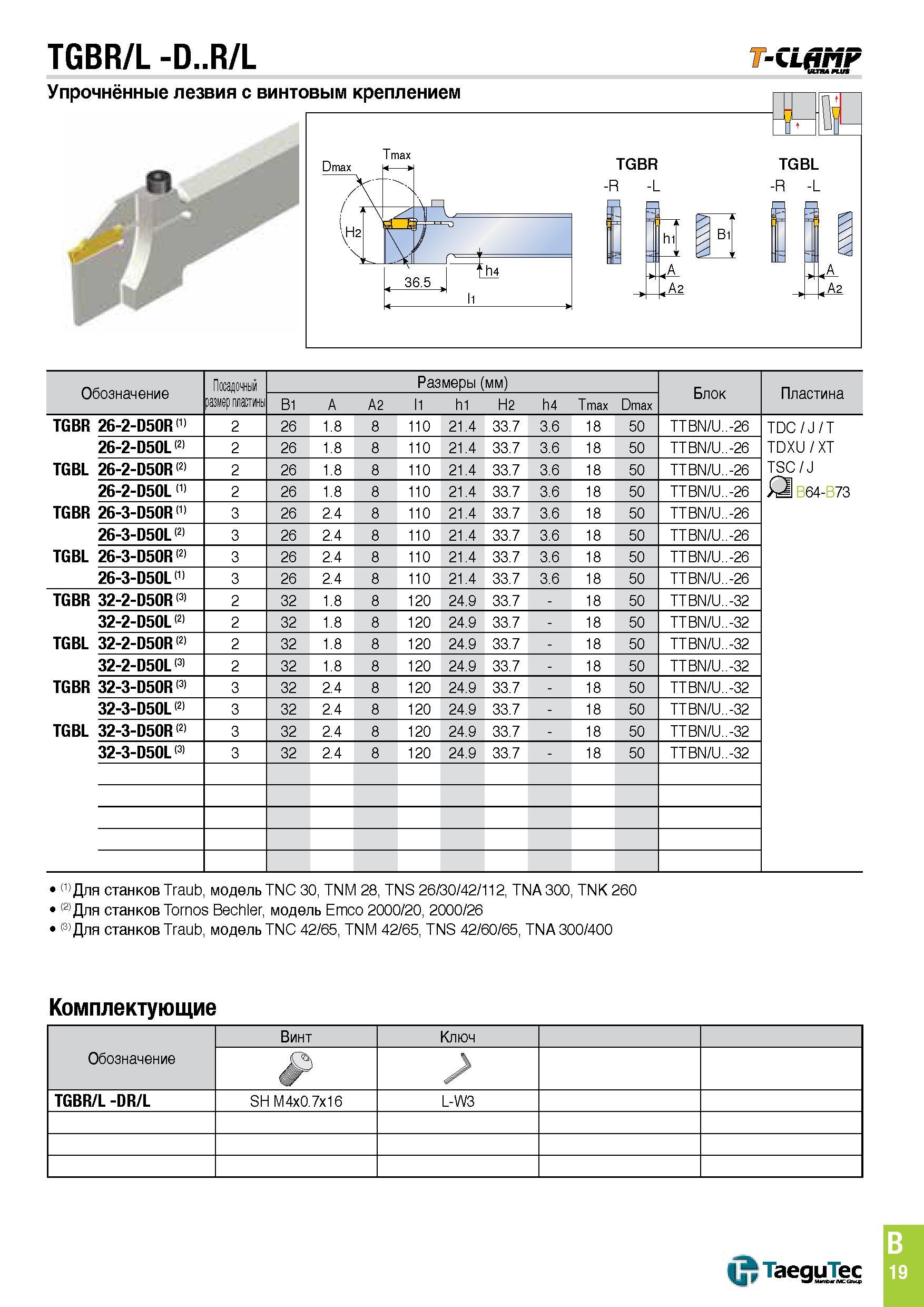 330 TGBR/L -D R/L -CLgjMF Упрочнённые лезвия с винтовым креплением TGBR -R -L A A2 Обозначение Посадочный размер пластш Размеры (мм) Блок Пластина B1 Каталог TAEGUTEC 2015 Металлорежущий инструмент и инструментальная оснастка для металлообрабатывающих станков Точение Фрезерование Сверление Стр. B19