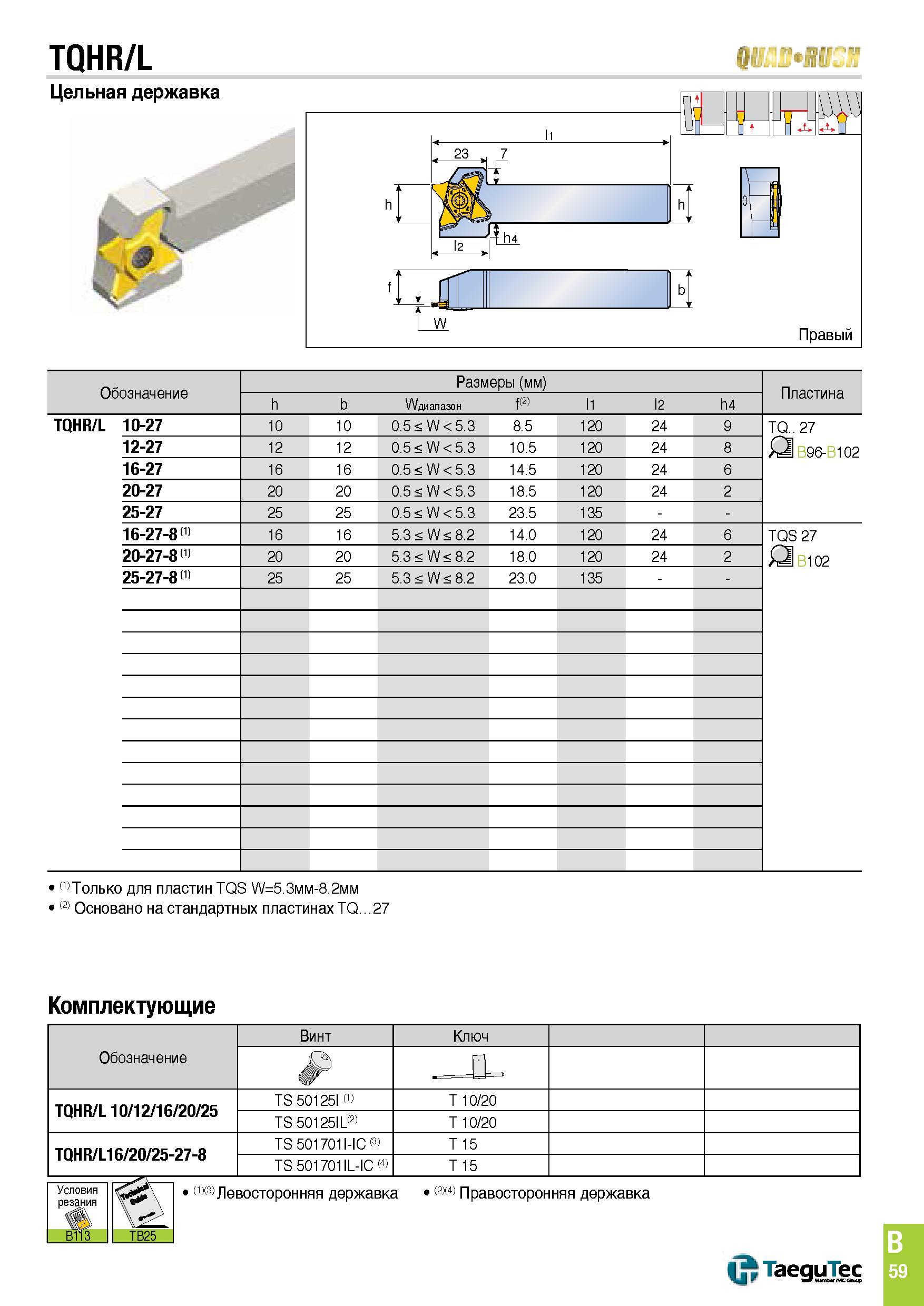 370 TQHR/L (№>МЛ Обозначение Размеры (мм) Пластина h b Wдиапазон f(2) 11 12 h4 TQHR/L 10-27 10 10 0 5 < W < 5 3 8 5 120 24 9 TQ 27 B96-B102 12-27 12 Каталог TAEGUTEC 2015 Металлорежущий инструмент и инструментальная оснастка для металлообрабатывающих станков Точение Фрезерование Сверление Стр. B59