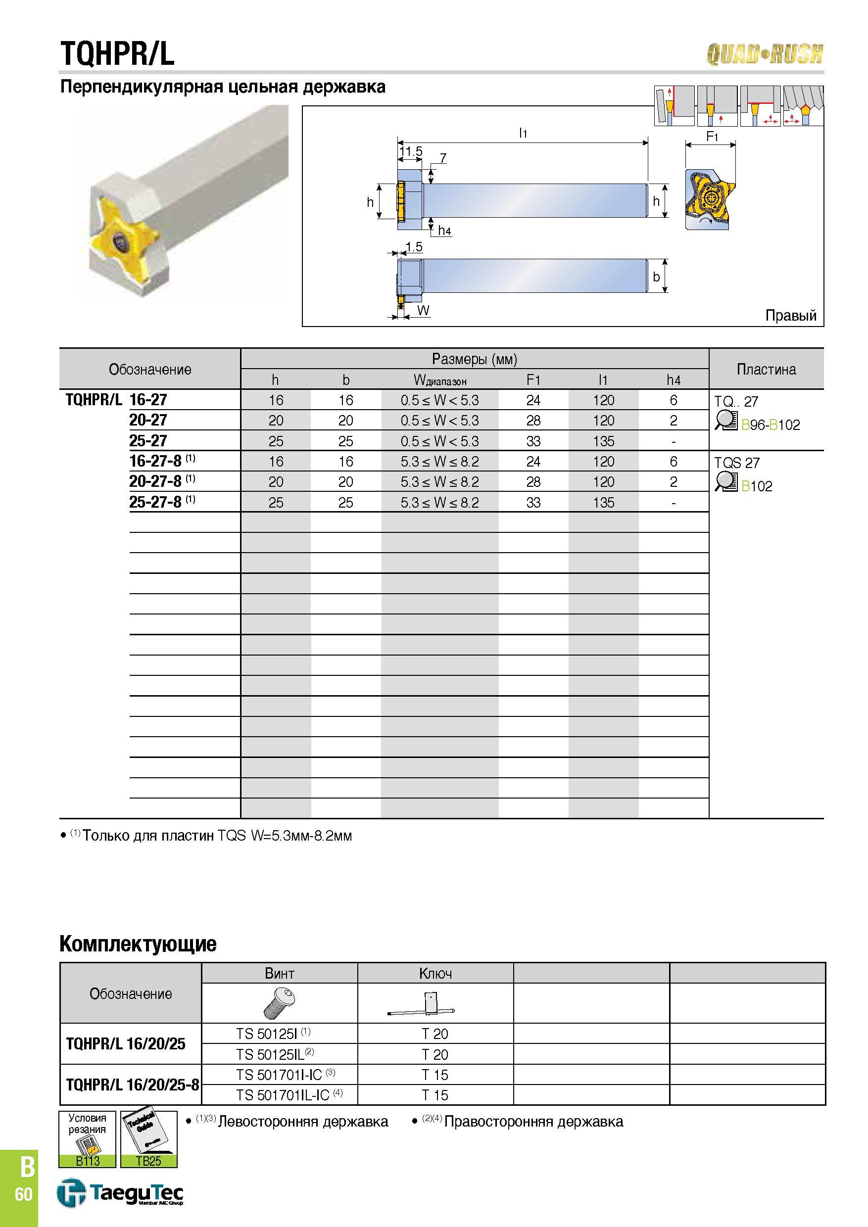 371 TQHPR/L Перпендикулярная цельная державка 11 5 w Правый h h b Обозначение Размеры (мм) Пластина h b Wдиапазон F1 11 h4 TQHPR/L 16-27 16 16 0 5 < Каталог TAEGUTEC 2015 Металлорежущий инструмент и инструментальная оснастка для металлообрабатывающих станков Точение Фрезерование Сверление Стр. B60