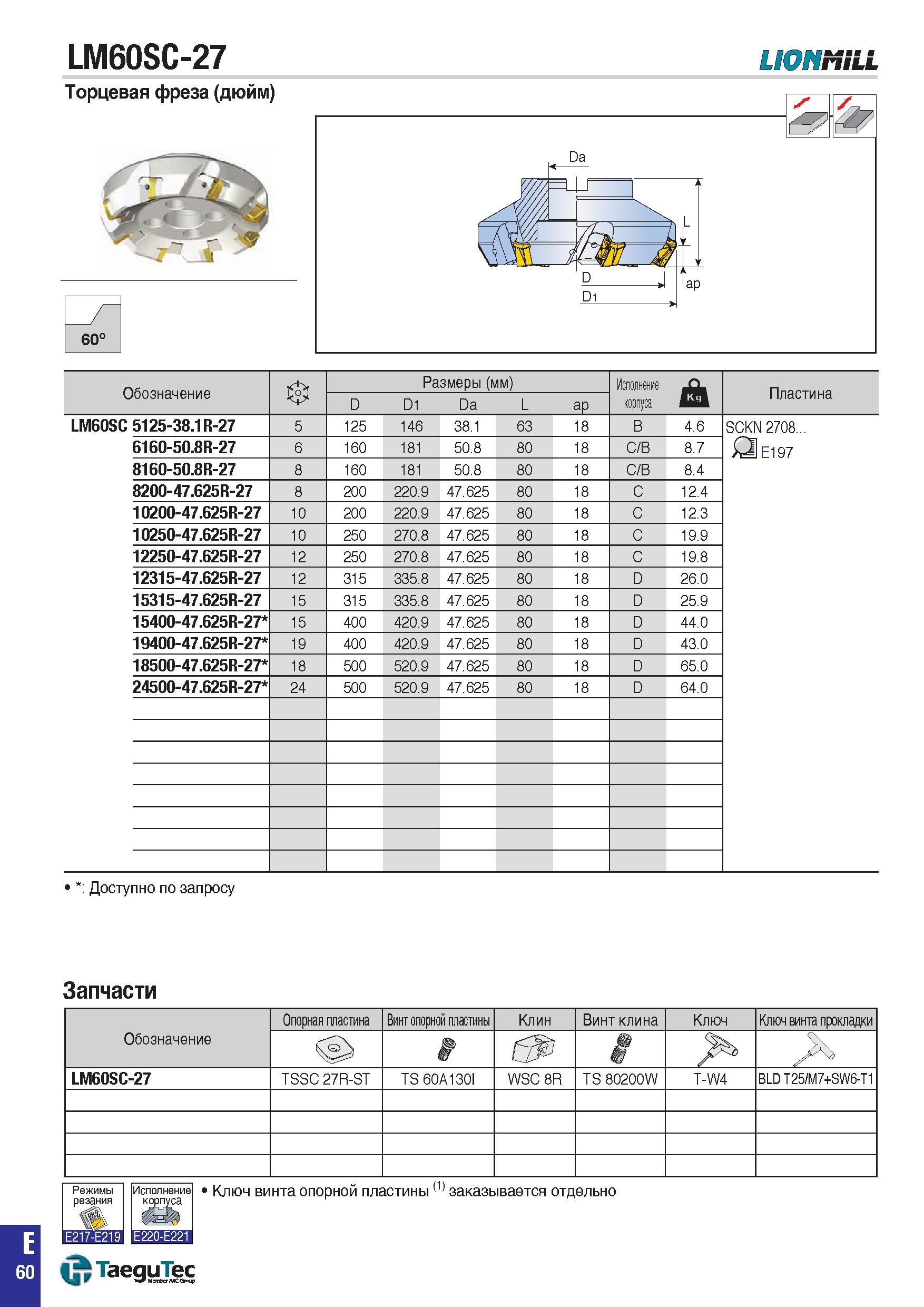 793 LM60SC-27 LIONMILL Торцевая фреза (дюйм) 60° Обозначение Размеры (мм) Исполнение корпуса Пластина D D1 Da L aP LM60SC 5125-38 1R-27 5 125 146 38 Каталог TAEGUTEC 2015 Металлорежущий инструмент и инструментальная оснастка для металлообрабатывающих станков Точение Фрезерование Сверление Стр. E60