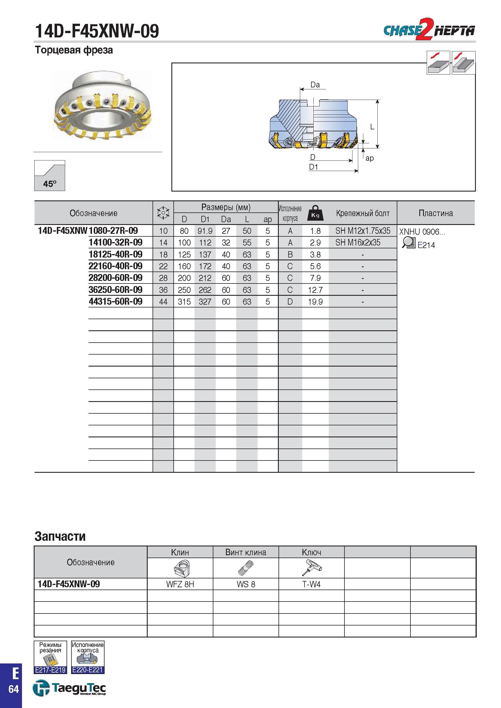797 14D-F45XNW-09 Торцевая фреза ChflS pEi Ptrin 45° Обозначение Размеры (мм) Исполнение корпуса Крепежный болт Пластина D D1 Da L aP 14D-F45XNW1080- Каталог TAEGUTEC 2015 Металлорежущий инструмент и инструментальная оснастка для металлообрабатывающих станков Точение Фрезерование Сверление Стр. E64
