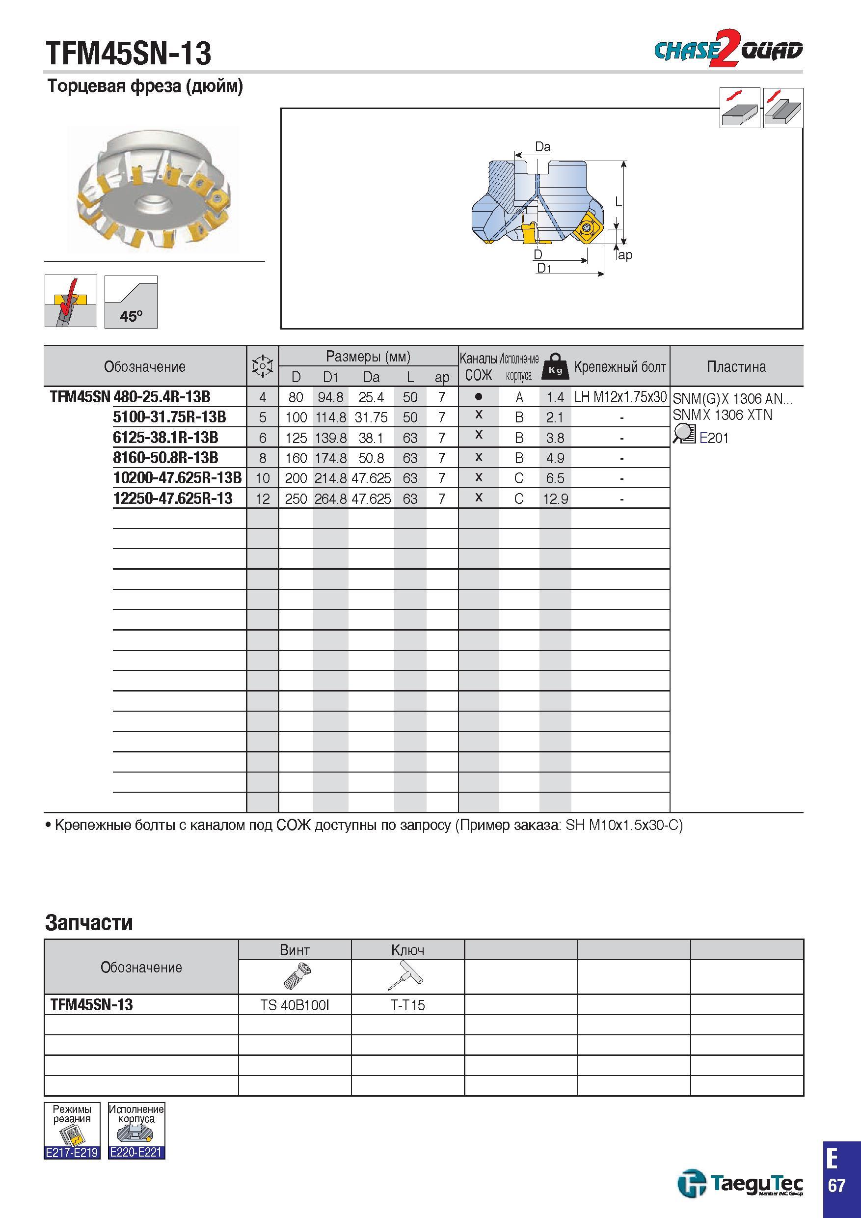 800 TFM45SN-13 CHflS QufiD Торцевая фреза (дюйм) 45° с5 ap Обозначение Размеры (мм) КаналыИсполнение J Крепежный болт Пластина D D1 Da L аР СОЖ корпу Каталог TAEGUTEC 2015 Металлорежущий инструмент и инструментальная оснастка для металлообрабатывающих станков Точение Фрезерование Сверление Стр. E67