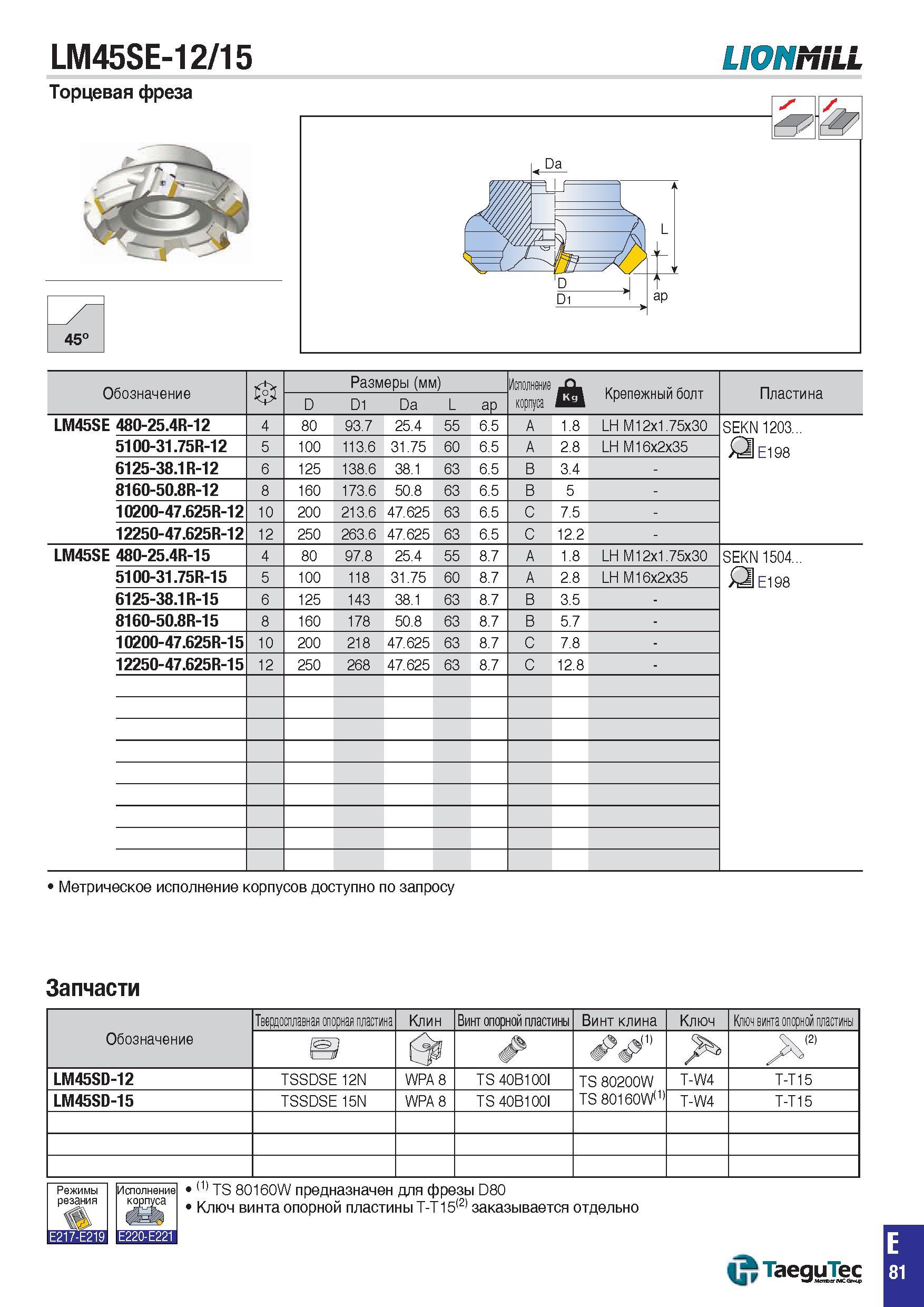 814 LM45SE-12/15 LIONMILL Торцевая фреза 45° Обозначение 0 Размеры (мм) Исполнение корпуса Крепежный болт Пластина D D1 Da L aP LM45SE 480-25 4R-12 4 Каталог TAEGUTEC 2015 Металлорежущий инструмент и инструментальная оснастка для металлообрабатывающих станков Точение Фрезерование Сверление Стр. E81