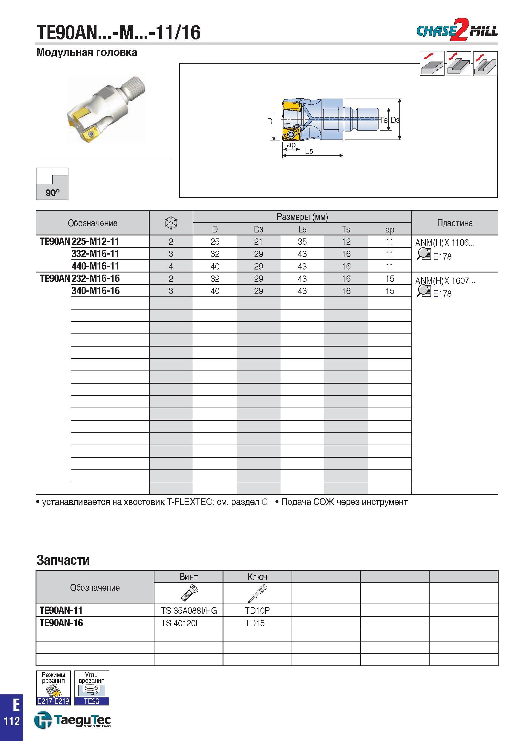 845 TE90AN -M -11/16 CHflS MiLL Модульная головка 90° ЭЭй Обозначение 0 Размеры (мм) Пластина D D3 L5 Ts aP TE90AN 225-M12-11 2 25 21 35 12 11 ANM(H) Каталог TAEGUTEC 2015 Металлорежущий инструмент и инструментальная оснастка для металлообрабатывающих станков Точение Фрезерование Сверление Стр. E112