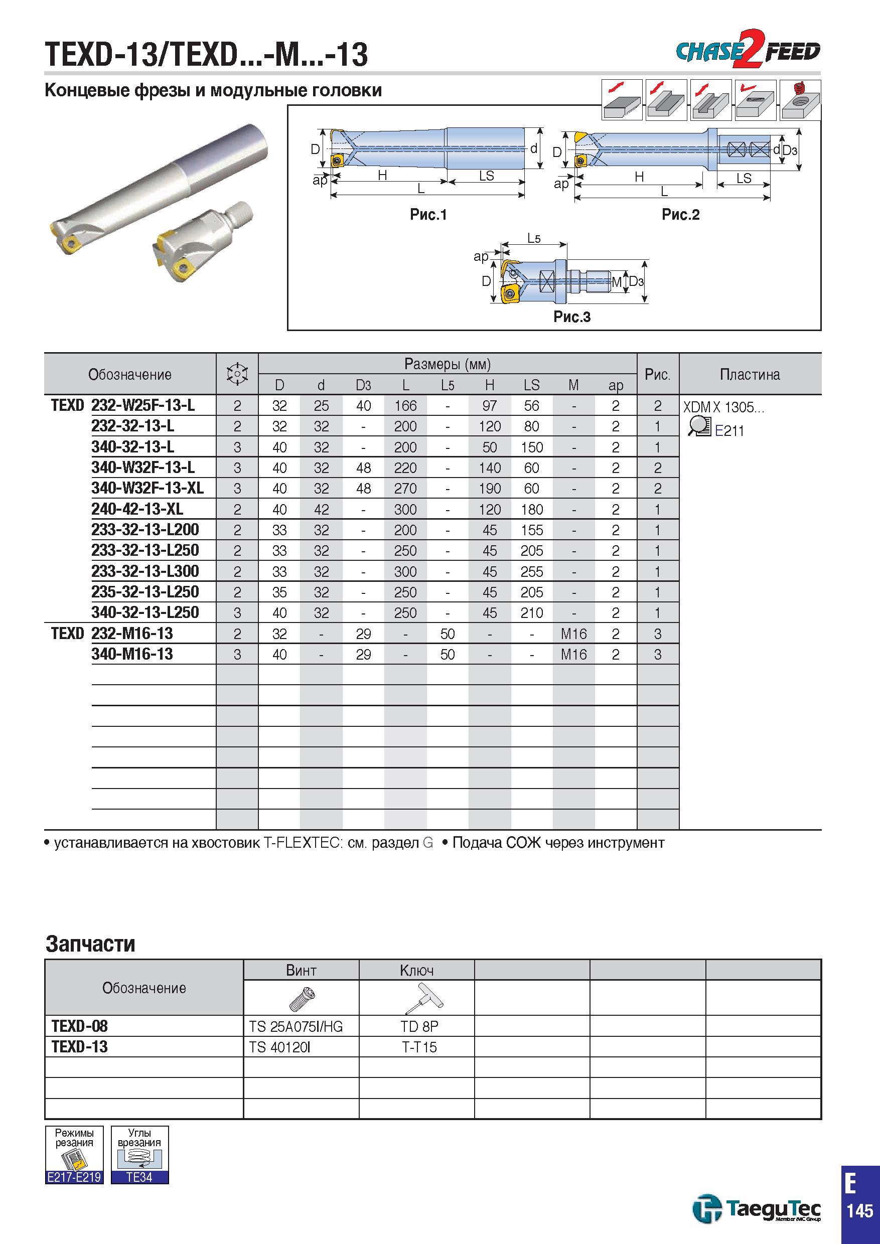 878 TEXD-13/TEXD -M -13 CHflS FEED Обозначение 0 Размеры (мм) Рис Пластина D d D3 L L5 H LS M aP TEXD 232-W25F-13-L 2 32 25 40 166 - 97 56 - 2 2 XDMX Каталог TAEGUTEC 2015 Металлорежущий инструмент и инструментальная оснастка для металлообрабатывающих станков Точение Фрезерование Сверление Стр. E145