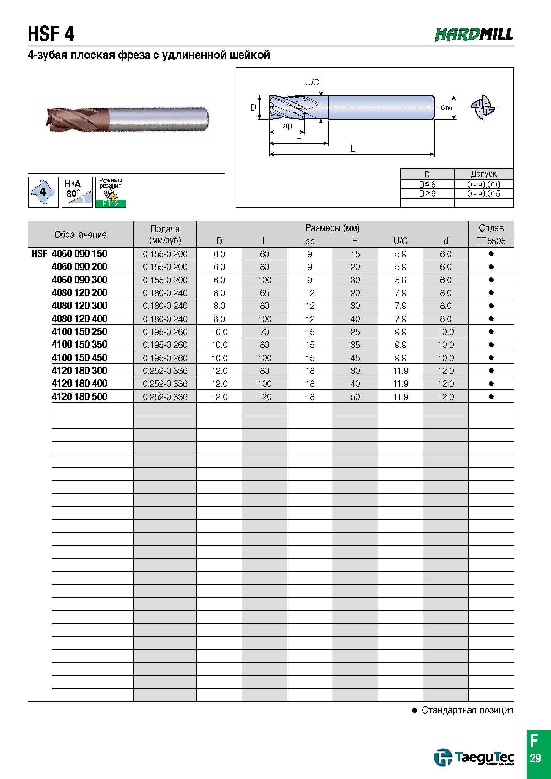 984 Четырехзубые твердосплавные фрезы TaeguTec HSF 4 HARDMILL с цилиндрическим хвостовиком (ц/х) и удлиненной шейкой Угол наклона канавок 30 градусов Каталог TAEGUTEC 2015 Металлорежущий инструмент и инструментальная оснастка для металлообрабатывающих станков Точение Фрезерование Сверление Стр. F29