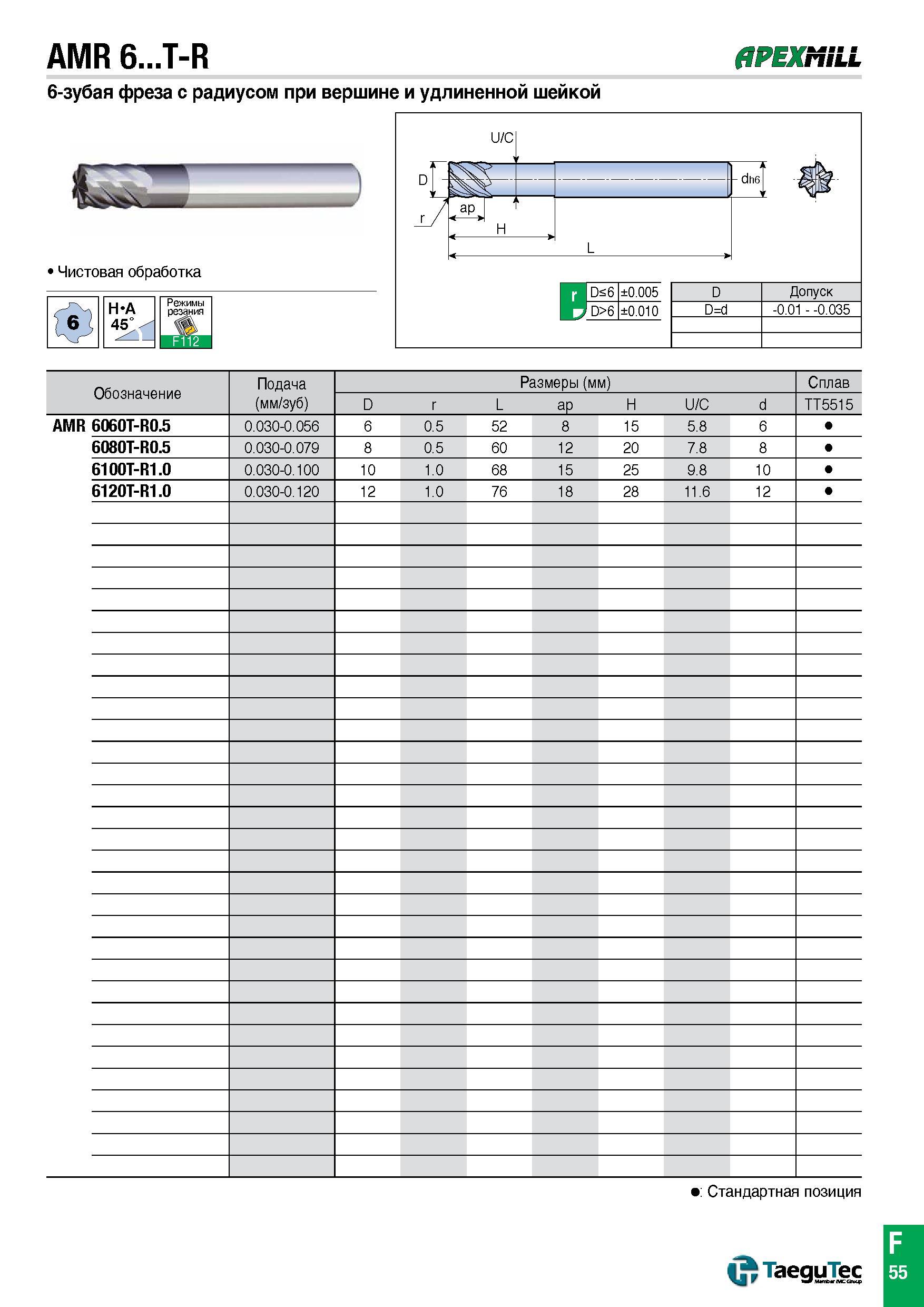 1010 6-зубая фреза TaeguTec AMR 6 T-R APEXMILL с радиусом при вершине и удлиненной шейкой Обозначение Подача (мм/зуб) Размеры (мм) Сплав D r L aP H U/ Каталог TAEGUTEC 2015 Металлорежущий инструмент и инструментальная оснастка для металлообрабатывающих станков Точение Фрезерование Сверление Стр. F55