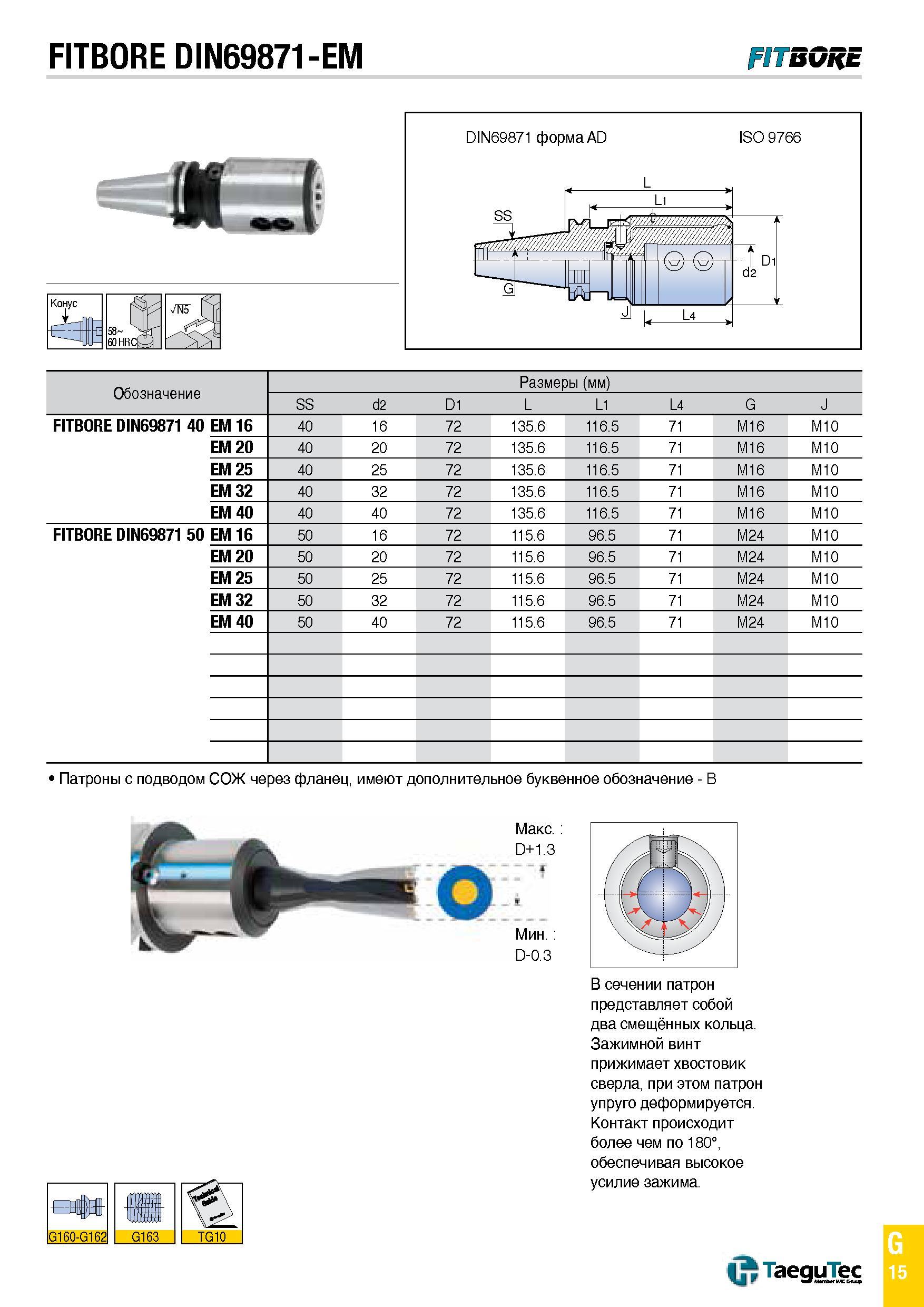 1084 FITBORE DIN69871-EM FITBGRE Конус i Обозначение Размеры (мм) SS С2 D1 L L1 L4 G J FITBORE DIN69871 40 EM 16 40 16 72 135 6 116 5 71 M16 M10 EM 20 Каталог TAEGUTEC 2015 Металлорежущий инструмент и инструментальная оснастка для металлообрабатывающих станков Точение Фрезерование Сверление Стр. G15