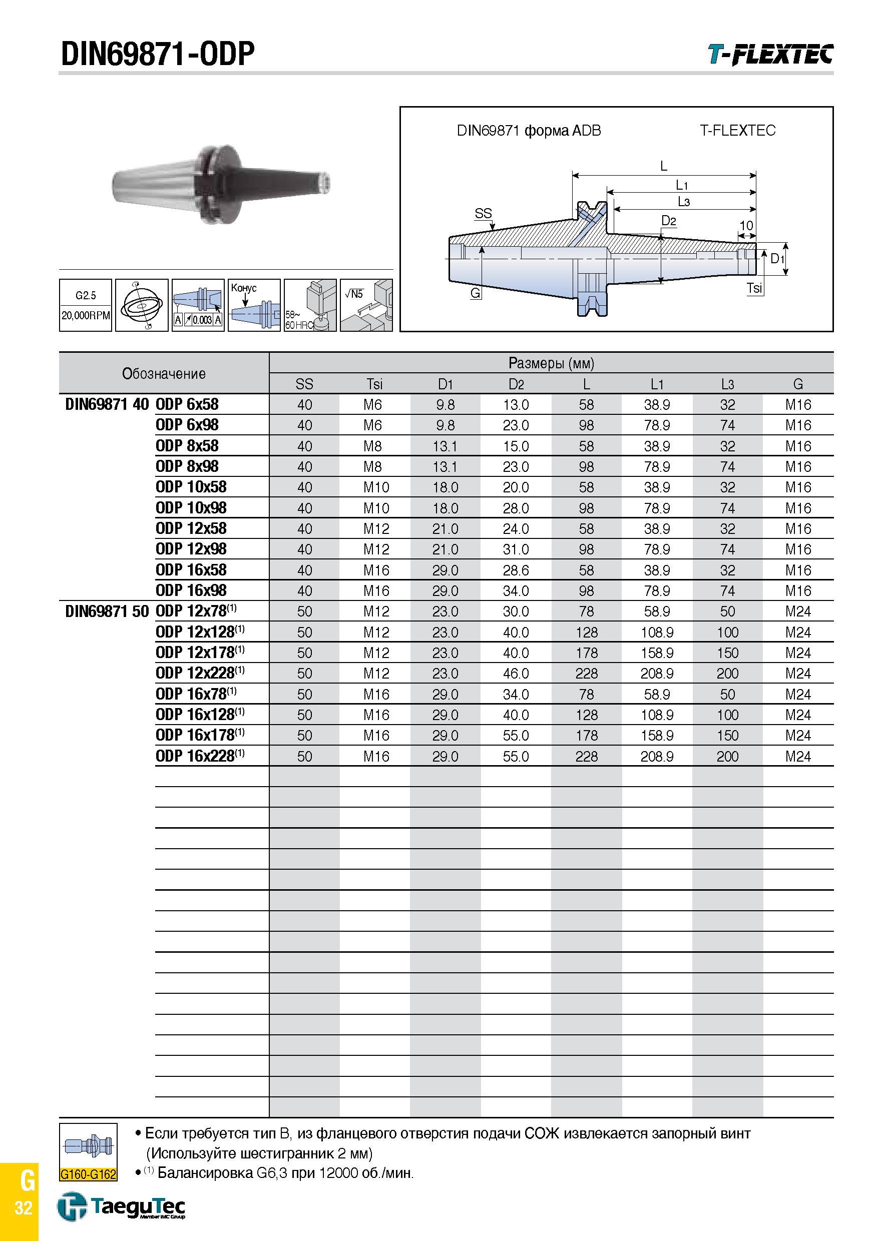 1101 DIN69871-ODP T- FLEX EC DIN69871 форма ADB T-FLEXTEC SS Li Ж 1 L3 1 2 10 1 -V' У ISI Обозначение Размеры (мм) SS Tsi D1 D2 L L1 L3 G DIN69871 40 Каталог TAEGUTEC 2015 Металлорежущий инструмент и инструментальная оснастка для металлообрабатывающих станков Точение Фрезерование Сверление Стр. G32