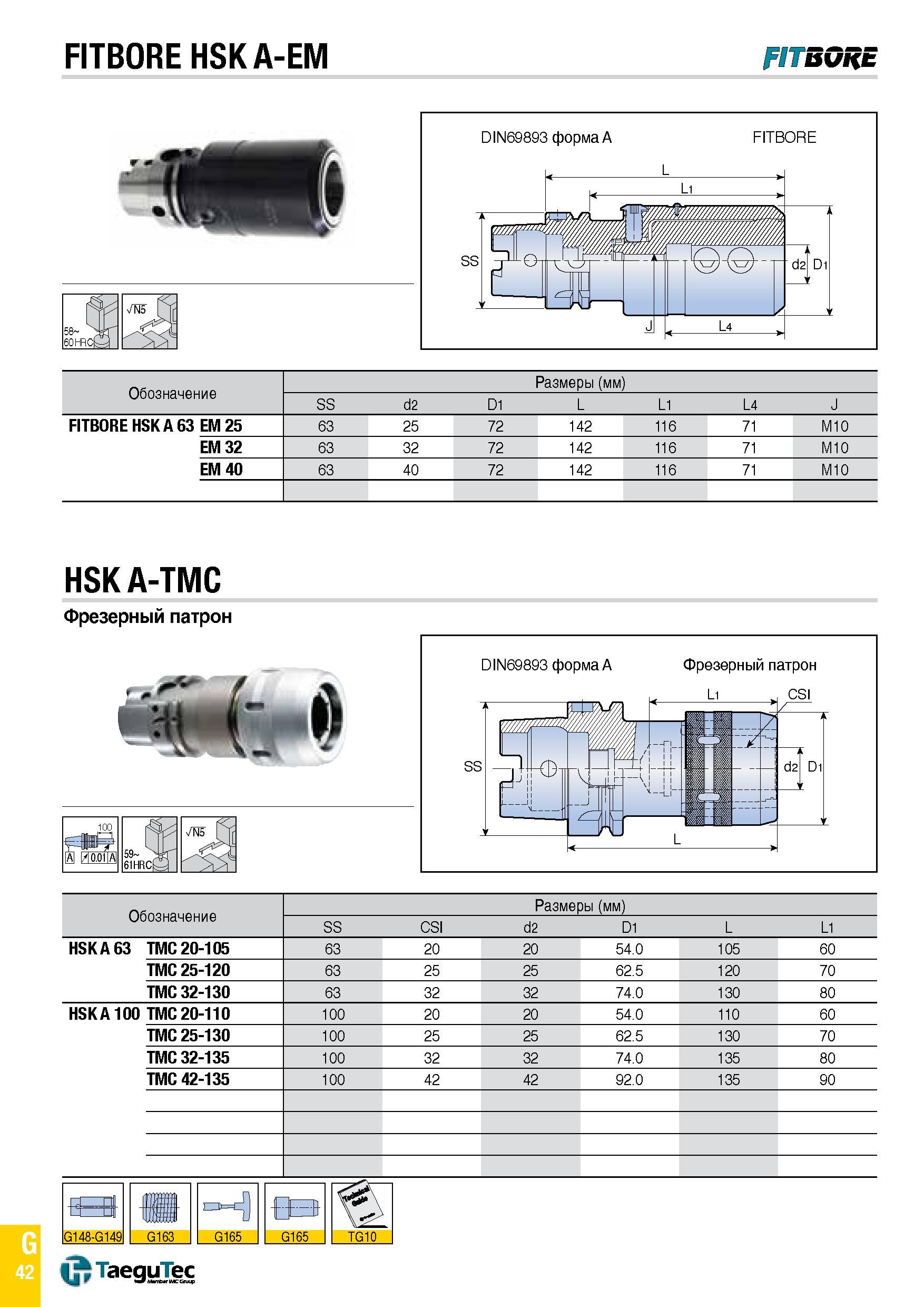 1111 FITBORE HSK A-EM FITBORE Обозначение Размеры (мм) SS d2 D1 L L1 L4 J FITBORE HSK A 63 EM 25 63 25 72 142 116 71 M10 EM 32 63 32 72 142 116 71 M10 Каталог TAEGUTEC 2015 Металлорежущий инструмент и инструментальная оснастка для металлообрабатывающих станков Точение Фрезерование Сверление Стр. G42