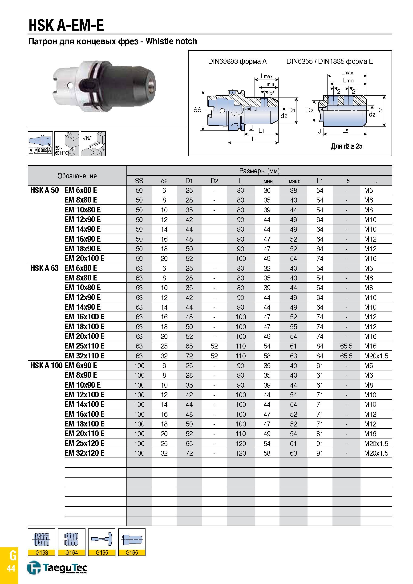 1113 HSK A-EM-E Патрон для концевых фрез - Whistle notch Обозначение Размеры (мм) SS С2 D1 D2 L Li m Li a L1 L5 J HSK A 50 EM 6x80 E 50 6 25 - 80 30 3 Каталог TAEGUTEC 2015 Металлорежущий инструмент и инструментальная оснастка для металлообрабатывающих станков Точение Фрезерование Сверление Стр. G44