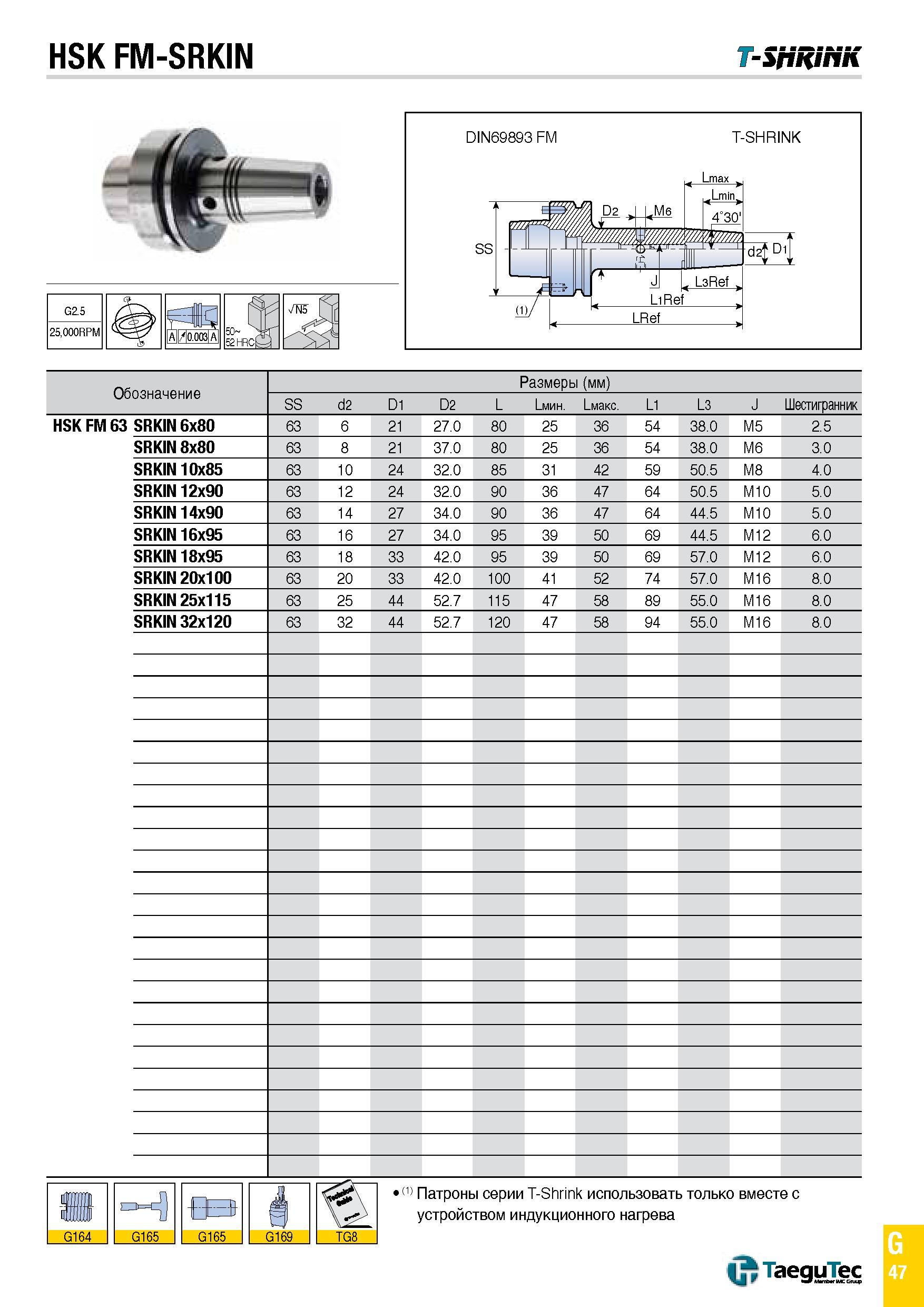 1116 HSK FM-SRKIN T-SpRiHK Обозначение Размеры (мм) SS d2 D1 D2 L Lмин Lмакс L1 L3 J Шестигранник HSK FM 63 SRKIN 6x80 63 6 21 27 0 80 25 36 54 38 0 M Каталог TAEGUTEC 2015 Металлорежущий инструмент и инструментальная оснастка для металлообрабатывающих станков Точение Фрезерование Сверление Стр. G47