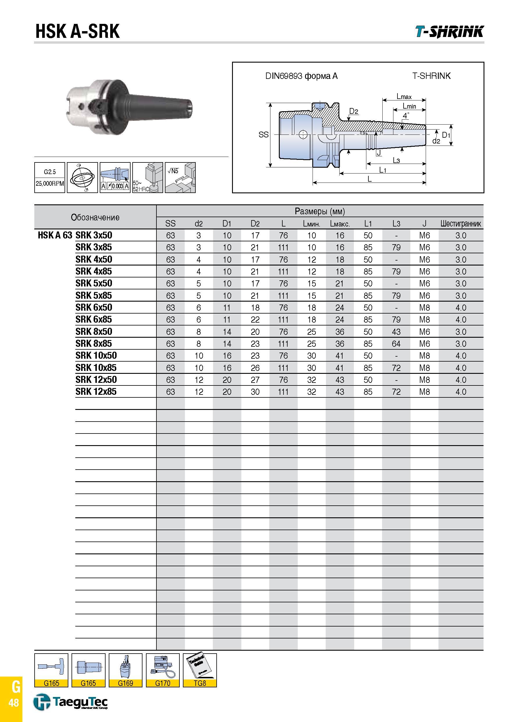 1117 HSK A-SRK T-SpRihK G 48 Каталог TAEGUTEC 2015 Металлорежущий инструмент и инструментальная оснастка для металлообрабатывающих станков Точение Фрезерование Сверление Стр. G48