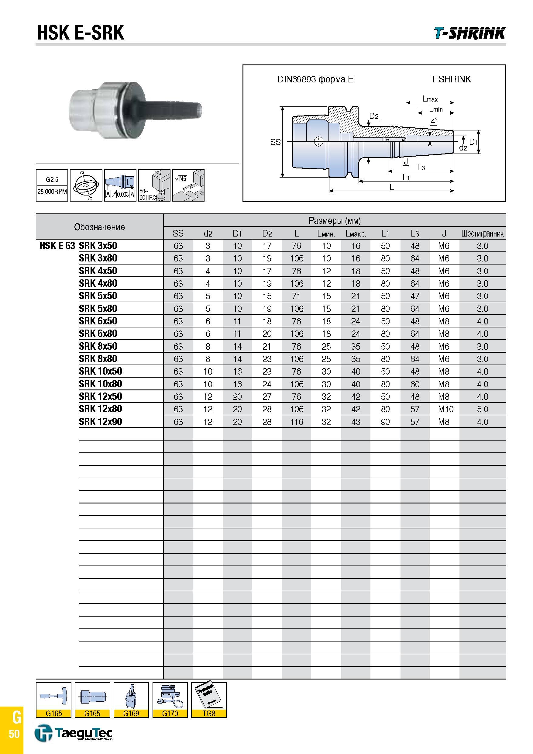 1119 HSK E-SRK T-SpRihK G 50 Каталог TAEGUTEC 2015 Металлорежущий инструмент и инструментальная оснастка для металлообрабатывающих станков Точение Фрезерование Сверление Стр. G50