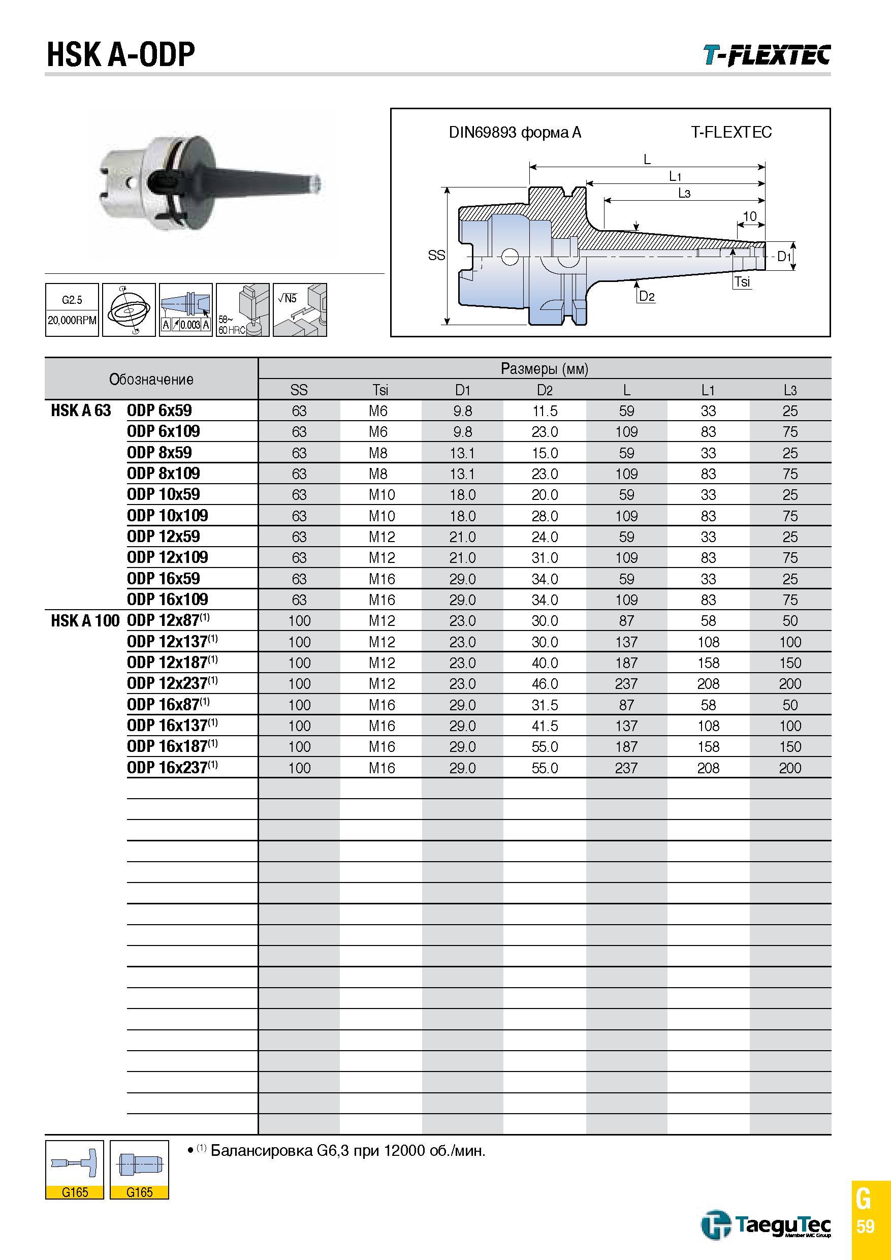1128 HSKA-ODP T-FLEX i EC - Обозначение Размеры (мм) SS Tsi D1 D2 L L1 L3 HSK A 63 ODP 6x59 63 M6 9 8 11 5 59 33 25 ODP 6x109 63 M6 9 8 23 0 109 83 75 Каталог TAEGUTEC 2015 Металлорежущий инструмент и инструментальная оснастка для металлообрабатывающих станков Точение Фрезерование Сверление Стр. G59