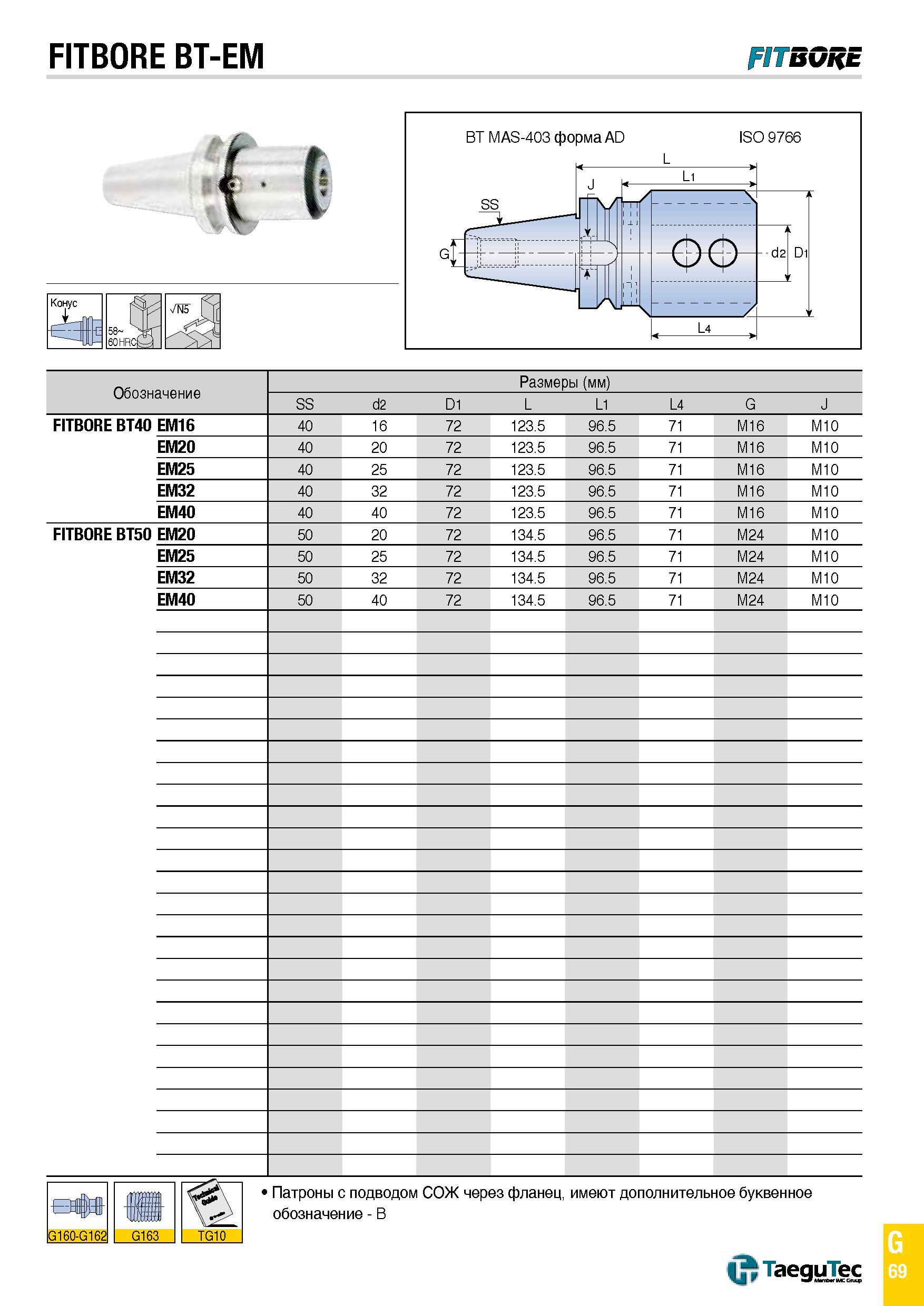 1138 FITBORE ВТ-EM FITBGRE - Конус 58 60HRCb-d G 69 Каталог TAEGUTEC 2015 Металлорежущий инструмент и инструментальная оснастка для металлообрабатывающих станков Точение Фрезерование Сверление Стр. G69