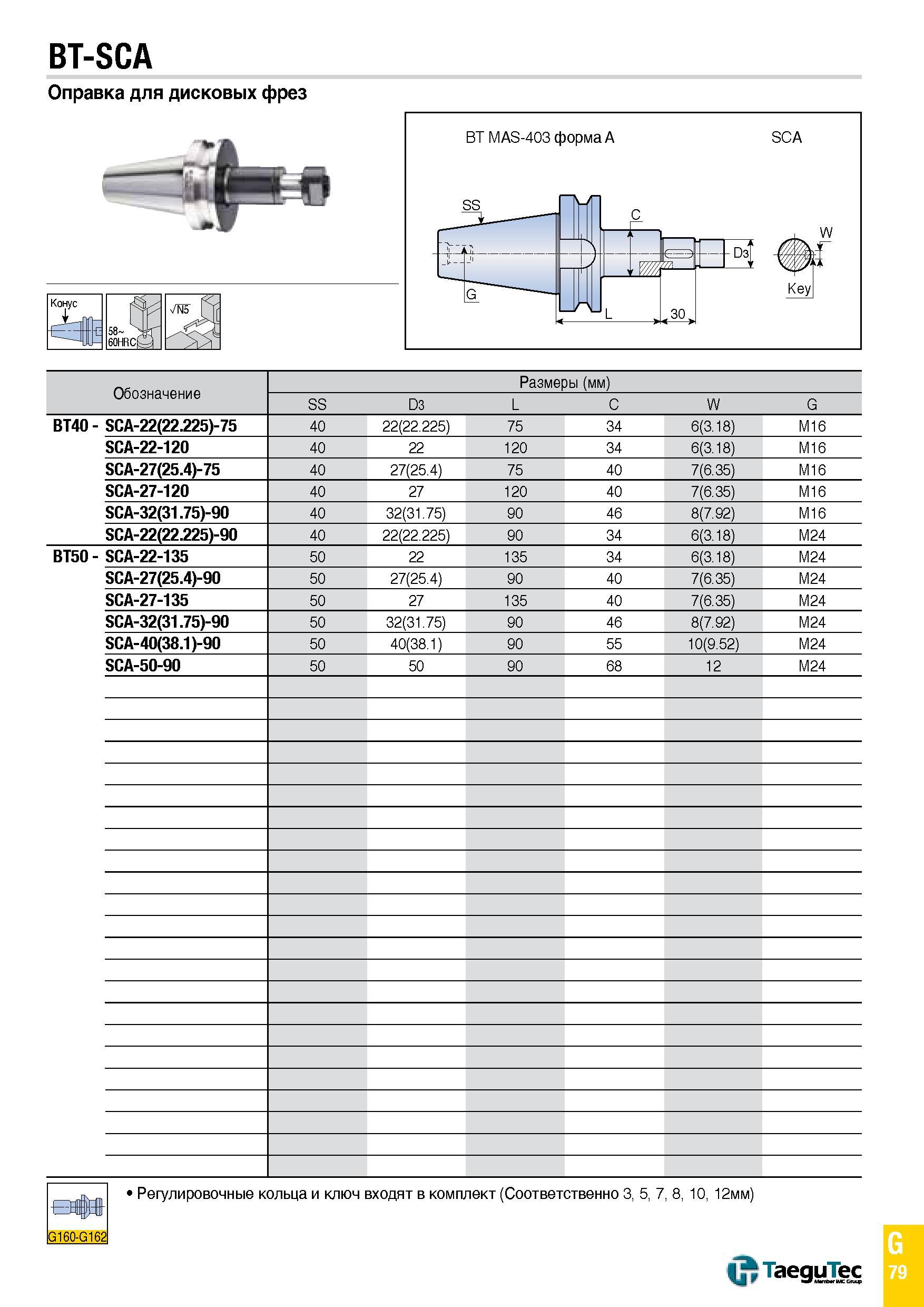 1148 BT-SCA Оправка для дисковых фрез Обозначение Размеры (мм) SS D3 L C W G BT40 - SCA-22(22 225)-75 40 22(22 225) 75 34 6(3 18) M16 SCA-22-120 40 22 Каталог TAEGUTEC 2015 Металлорежущий инструмент и инструментальная оснастка для металлообрабатывающих станков Точение Фрезерование Сверление Стр. G79