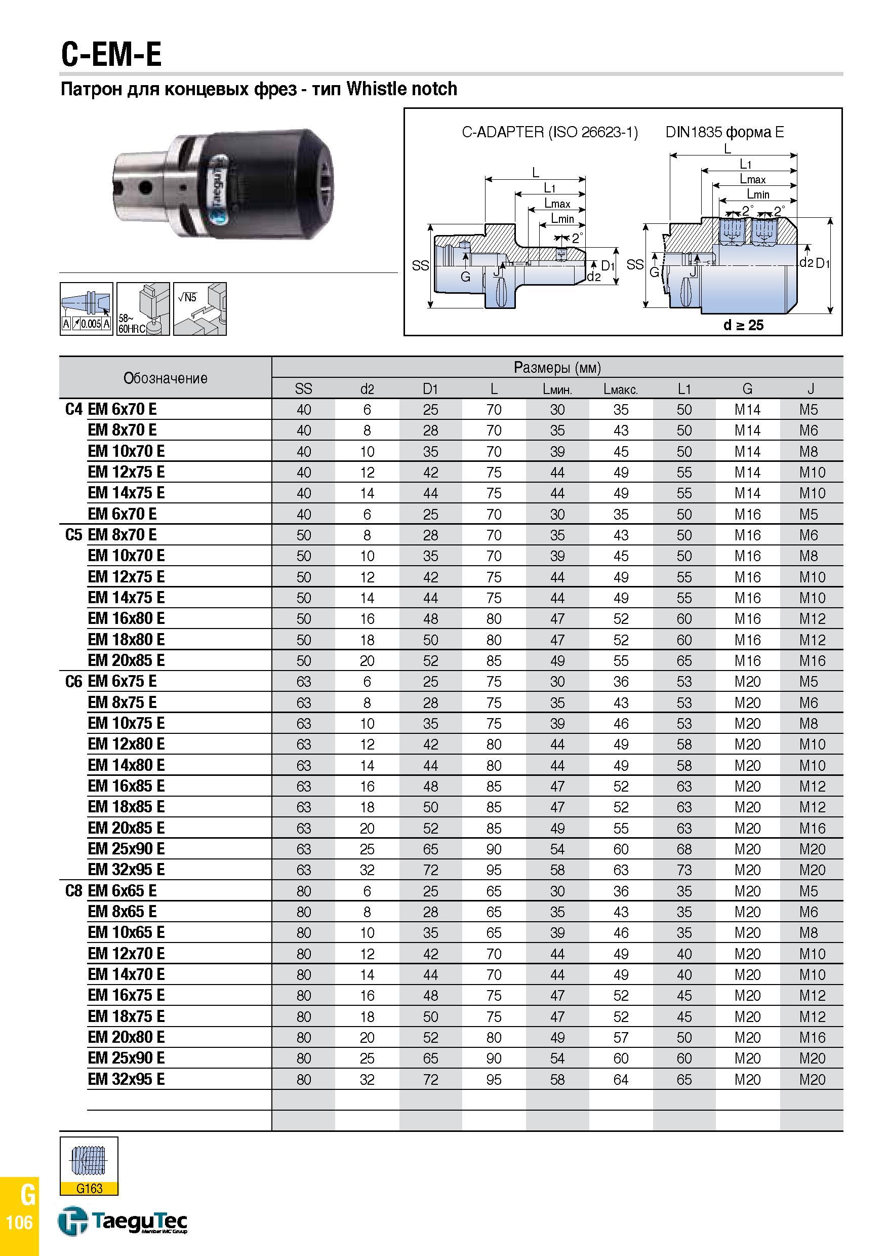 1175 C-EM-E Патрон для концевых фрез - тип Whistle notch Обозначение Размеры (мм) SS d2 D1 L Limn Li kc L1 G J C4 EM 6x70 E 40 6 25 70 30 35 50 M14 M5 Каталог TAEGUTEC 2015 Металлорежущий инструмент и инструментальная оснастка для металлообрабатывающих станков Точение Фрезерование Сверление Стр. G106