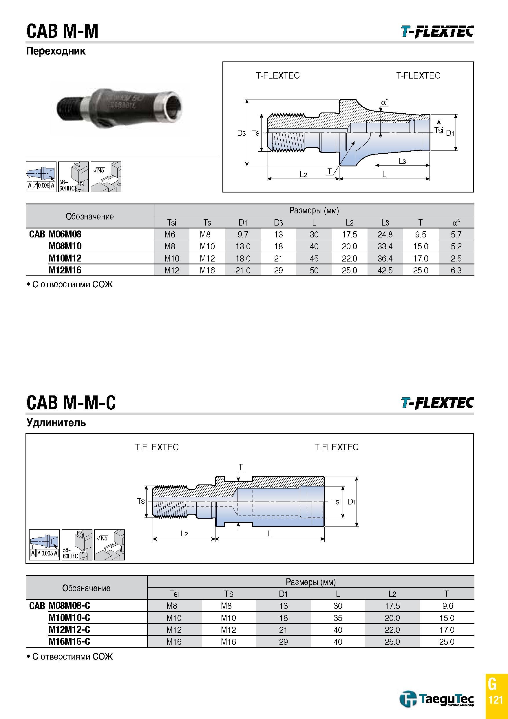 1190 CAB M-M T-FLEX i EC Переходник Обозначение Размеры (мм) Tsi Ts D1 D3 L L2 L3 T a° CAB M06M08 M6 M8 9 7 13 30 17 5 24 8 9 5 5 7 M08M10 M8 M10 13 0 Каталог TAEGUTEC 2015 Металлорежущий инструмент и инструментальная оснастка для металлообрабатывающих станков Точение Фрезерование Сверление Стр. G121