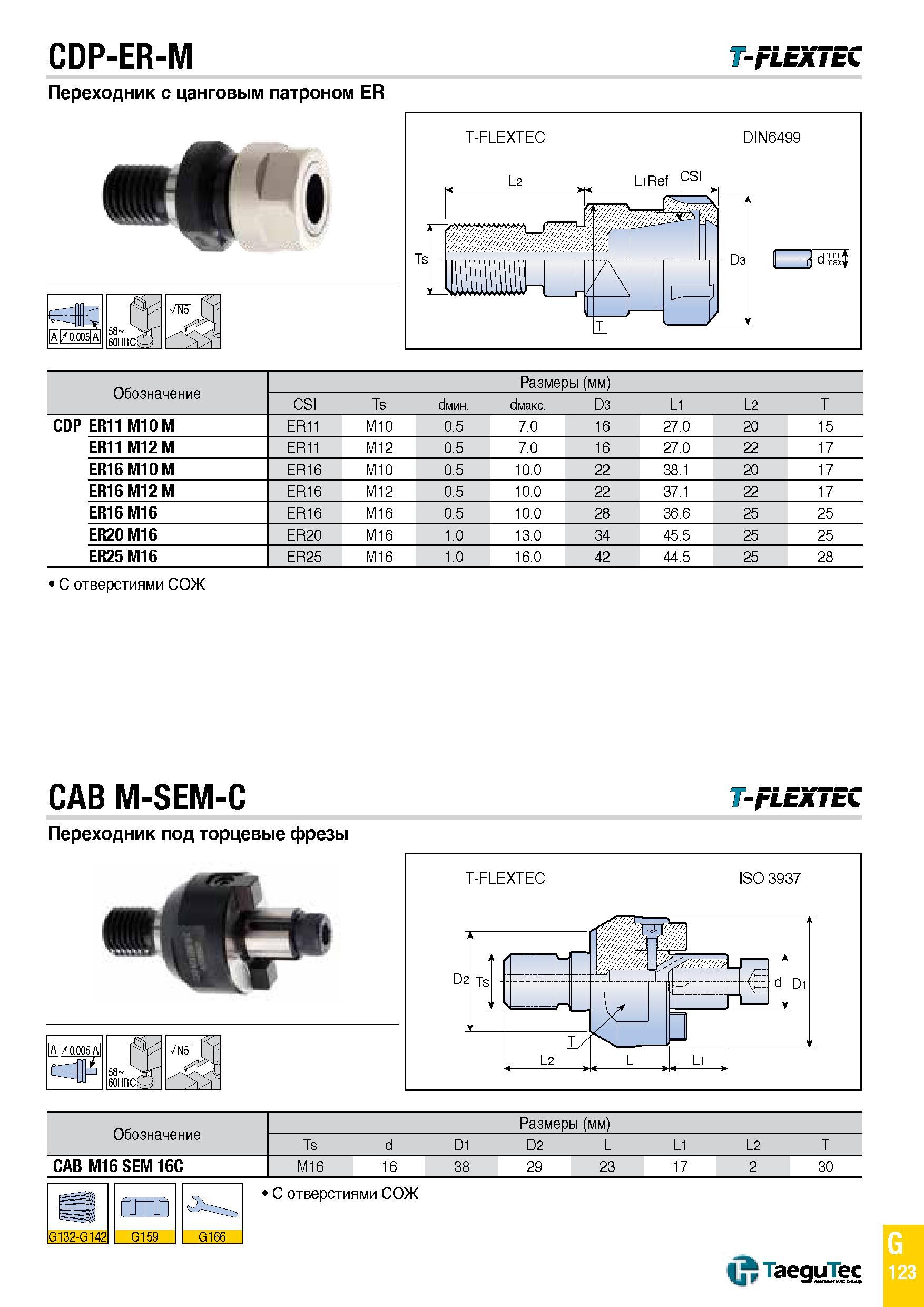 1192 CDP-ER-M T-FLEX i EC Переходник с цанговым патроном ER Обозначение Размеры (мм) CSI Ts diim di D3 L1 L2 T CDP ER11 M10 M ER11 M10 0 5 7 0 16 27 0 Каталог TAEGUTEC 2015 Металлорежущий инструмент и инструментальная оснастка для металлообрабатывающих станков Точение Фрезерование Сверление Стр. G123