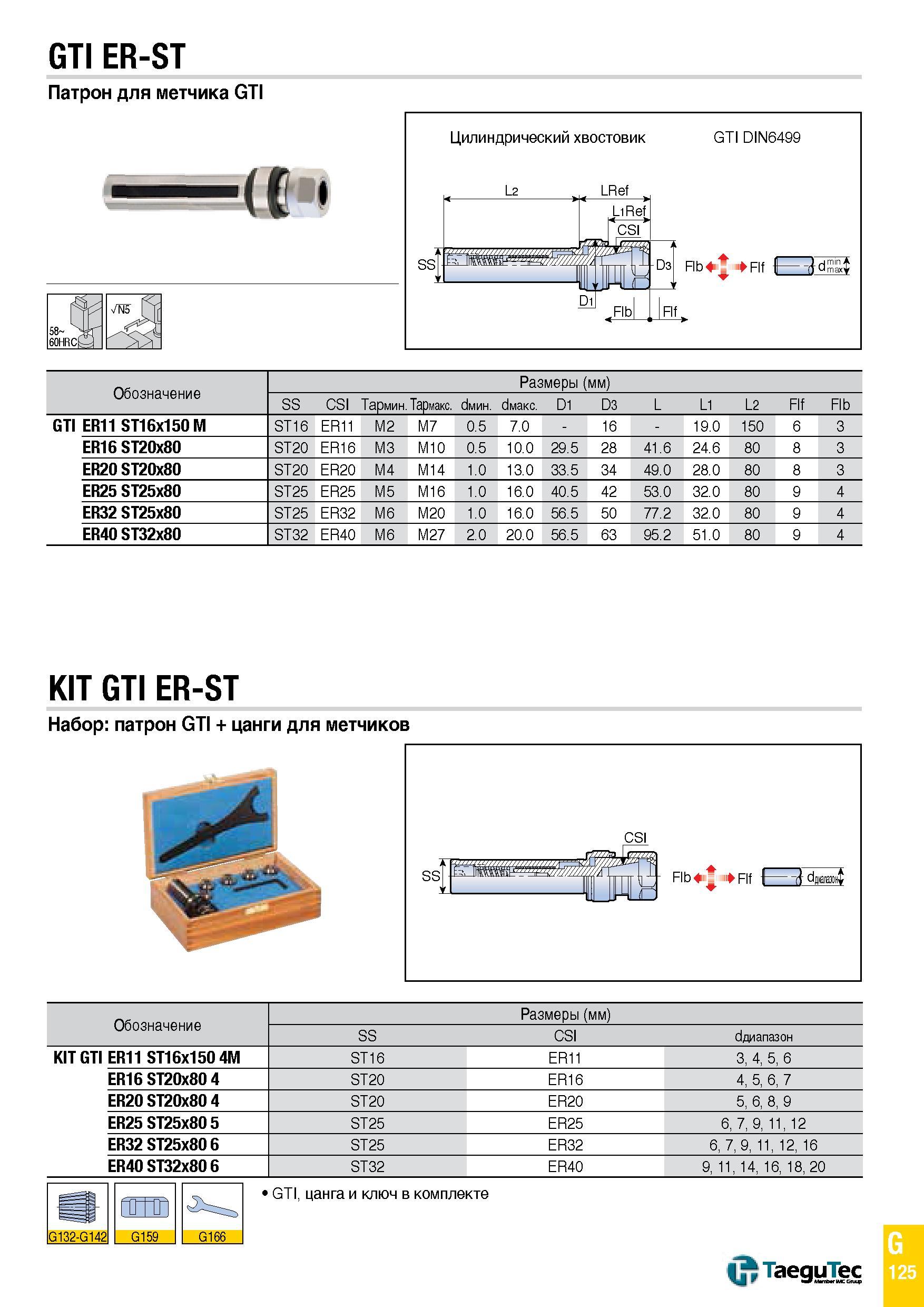 1194 GTI ER-ST Обозначение Размеры (мм) SS CSI Tapi с1мин с1макс D1 D3 L L1 L2 Flf Flb GTI ER11 ST16x150 M ST16 ER11 M2 M7 0 5 7 0 - 16 - 19 0 150 6 3 Каталог TAEGUTEC 2015 Металлорежущий инструмент и инструментальная оснастка для металлообрабатывающих станков Точение Фрезерование Сверление Стр. G125
