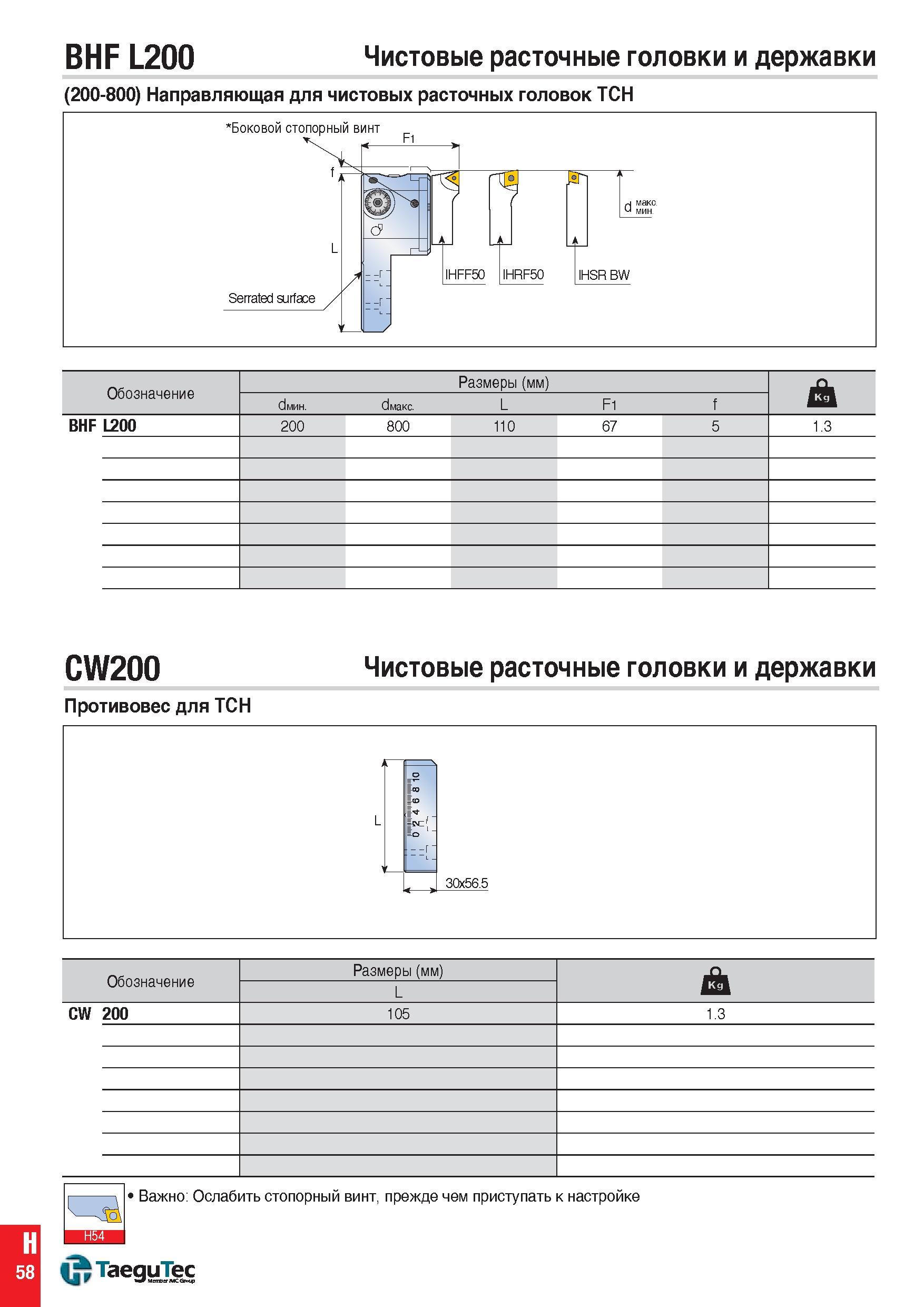 1297 BHF L200 Чистовые расточные головки и державки (200-800) Направляющая для чистовых расточных головок TCH Обозначение Размеры (мм) J& dмин dмакс L Каталог TAEGUTEC 2015 Металлорежущий инструмент и инструментальная оснастка для металлообрабатывающих станков Точение Фрезерование Сверление Стр. H58