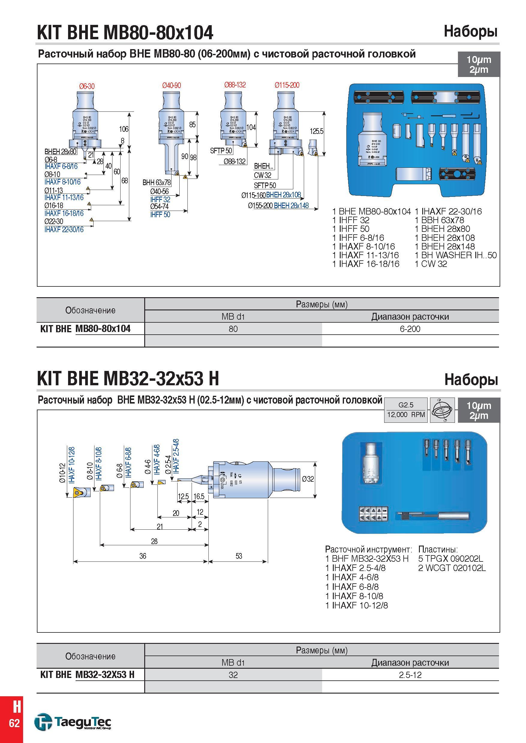 1301 KIT BHE MB80-80x104 Наборы Расточный набор BHE MB80-80 (06-200мм) с чистовой расточной головкой 06-30 06-8 21 IHAXF 6-8Л6 08-10 T- IHAXF 8-10/16 Каталог TAEGUTEC 2015 Металлорежущий инструмент и инструментальная оснастка для металлообрабатывающих станков Точение Фрезерование Сверление Стр. H62