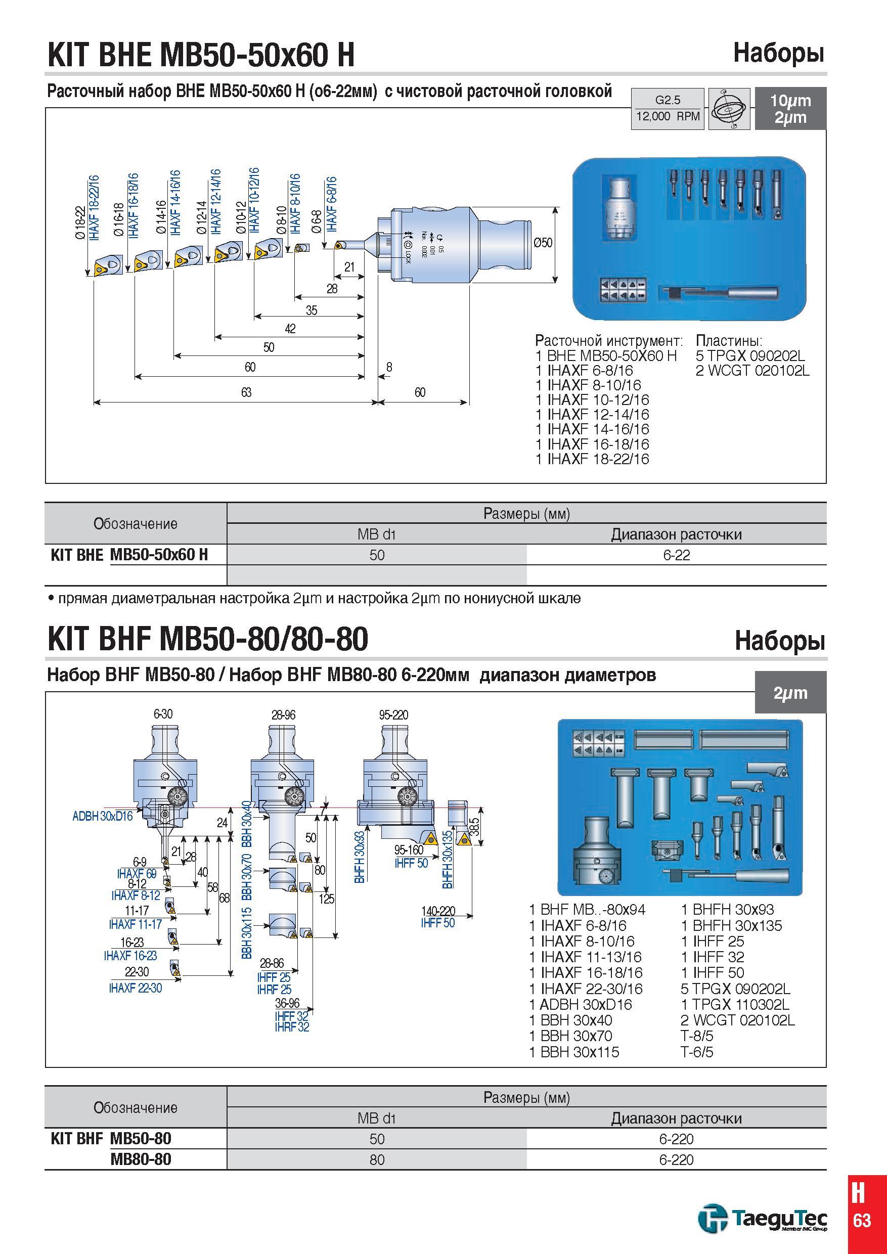 1302 KIT BHE MB50-50x60 H Наборы Расточный набор BHE MB50-50x60 H (о6-22мм) с чистовом расточной головкой G2 5 10pm 12,000 RPM 2pm Расточной инструмен Каталог TAEGUTEC 2015 Металлорежущий инструмент и инструментальная оснастка для металлообрабатывающих станков Точение Фрезерование Сверление Стр. H63