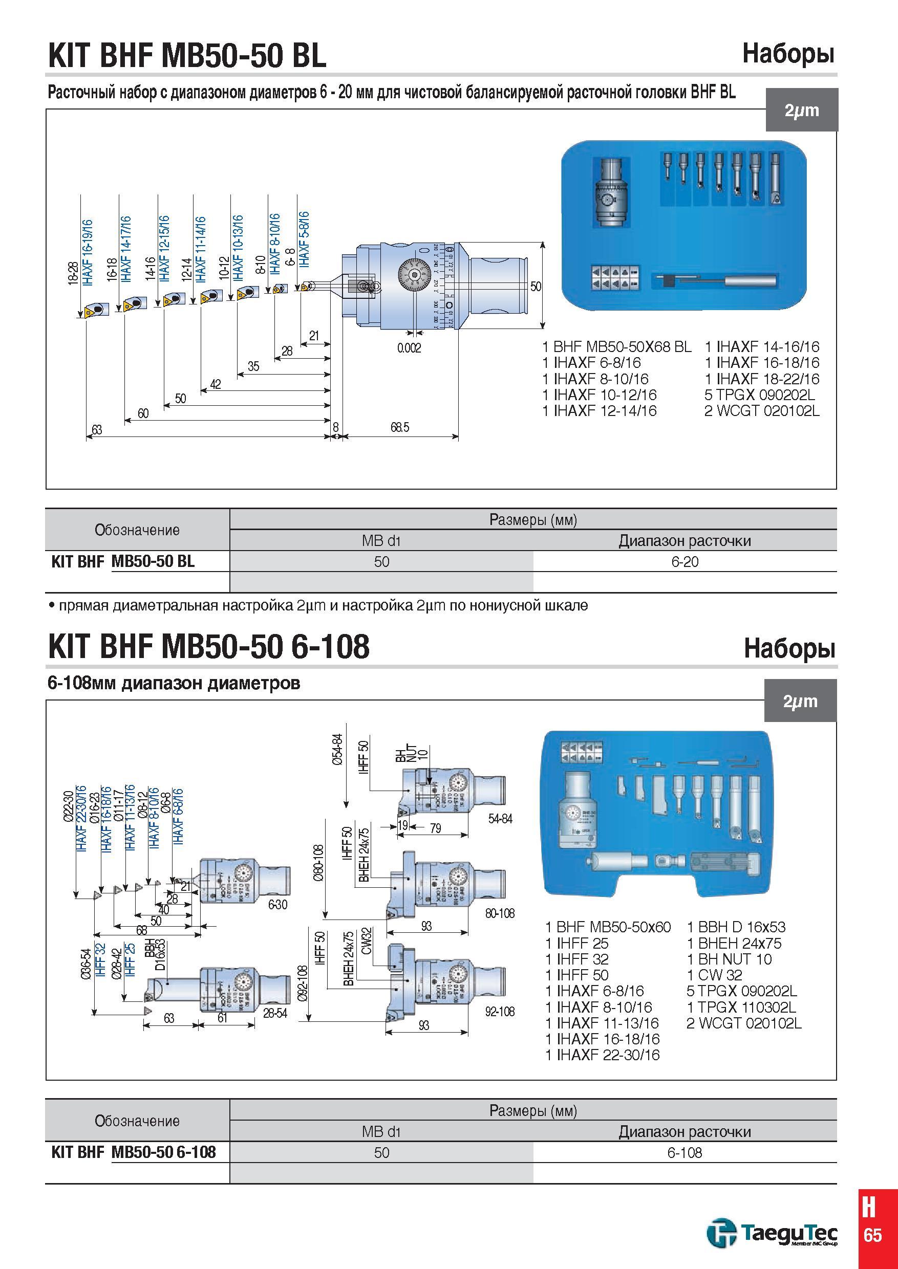 1304 KIT BHF MB50-50 BL Наборы Расточный набор с диапазоном диаметров 6 - 20 мм для чистовой балансируемой расточной головки BHF BL 6 6 6 6 6 HAXF 16- Каталог TAEGUTEC 2015 Металлорежущий инструмент и инструментальная оснастка для металлообрабатывающих станков Точение Фрезерование Сверление Стр. H65