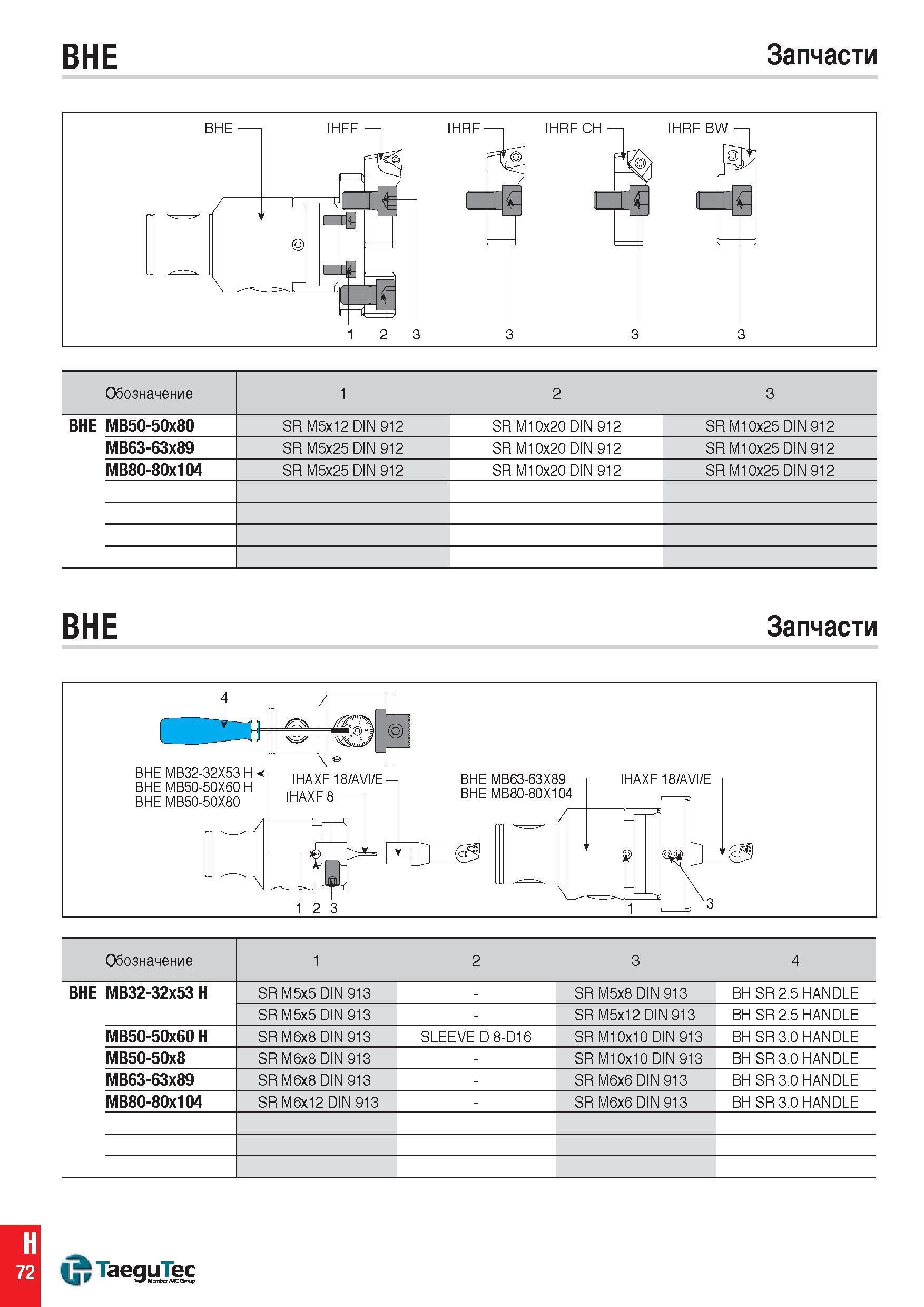 1311 BHE Запчасти Обозначение 1 2 3 BHE MB50-50x80 SR M5x12 DIN 912 SR M10x20 DIN 912 SR M10x25 DIN 912 MB63-63x89 SR M5x25 DIN 912 SR M10x20 DIN 912 Каталог TAEGUTEC 2015 Металлорежущий инструмент и инструментальная оснастка для металлообрабатывающих станков Точение Фрезерование Сверление Стр. H72
