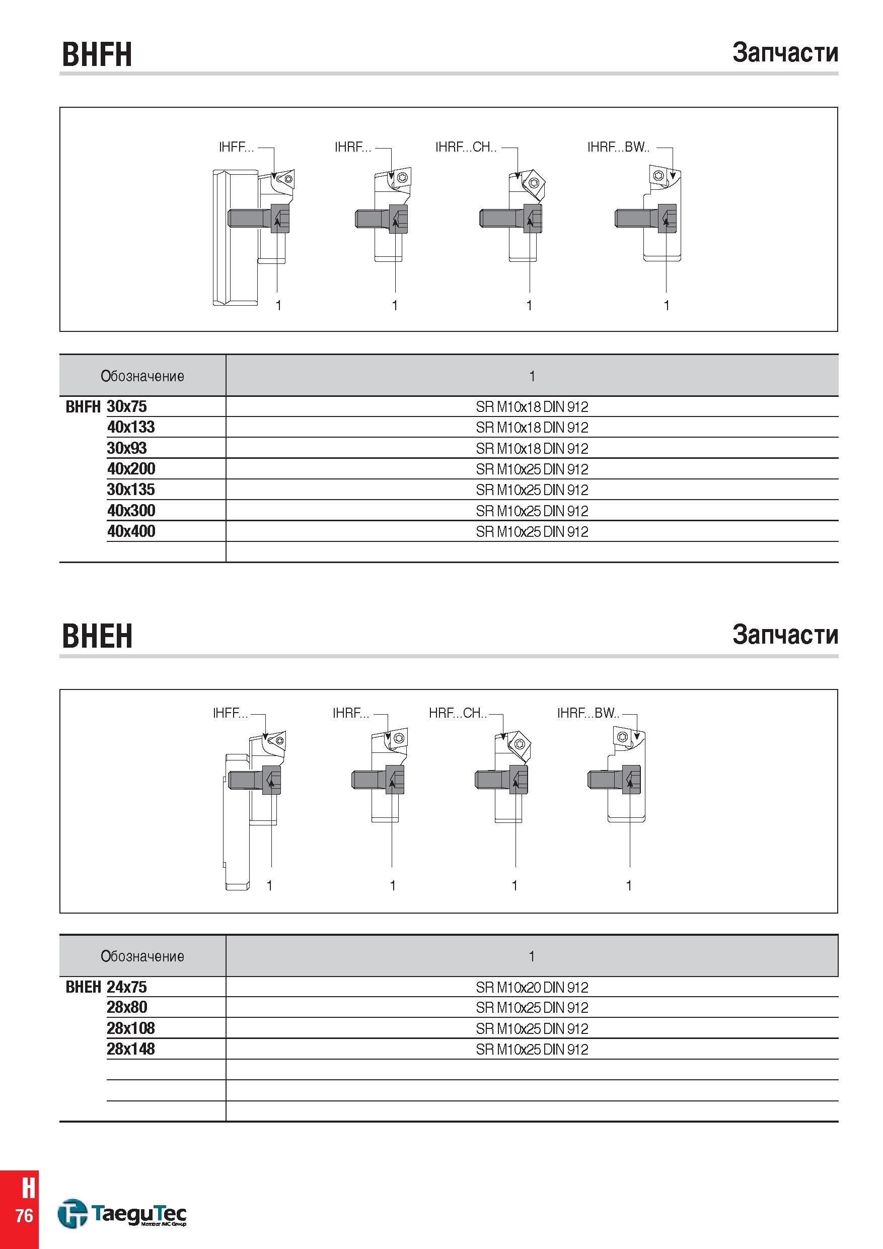 1315 BHFH Запчасти Обозначение 1 BHFH 30x75 SR M10x18 DIN 912 40x133 SR M10x18 DIN 912 30x93 SR M10x18 DIN 912 40x200 SR M10x25 DIN 912 30x135 SR M10x Каталог TAEGUTEC 2015 Металлорежущий инструмент и инструментальная оснастка для металлообрабатывающих станков Точение Фрезерование Сверление Стр. H76