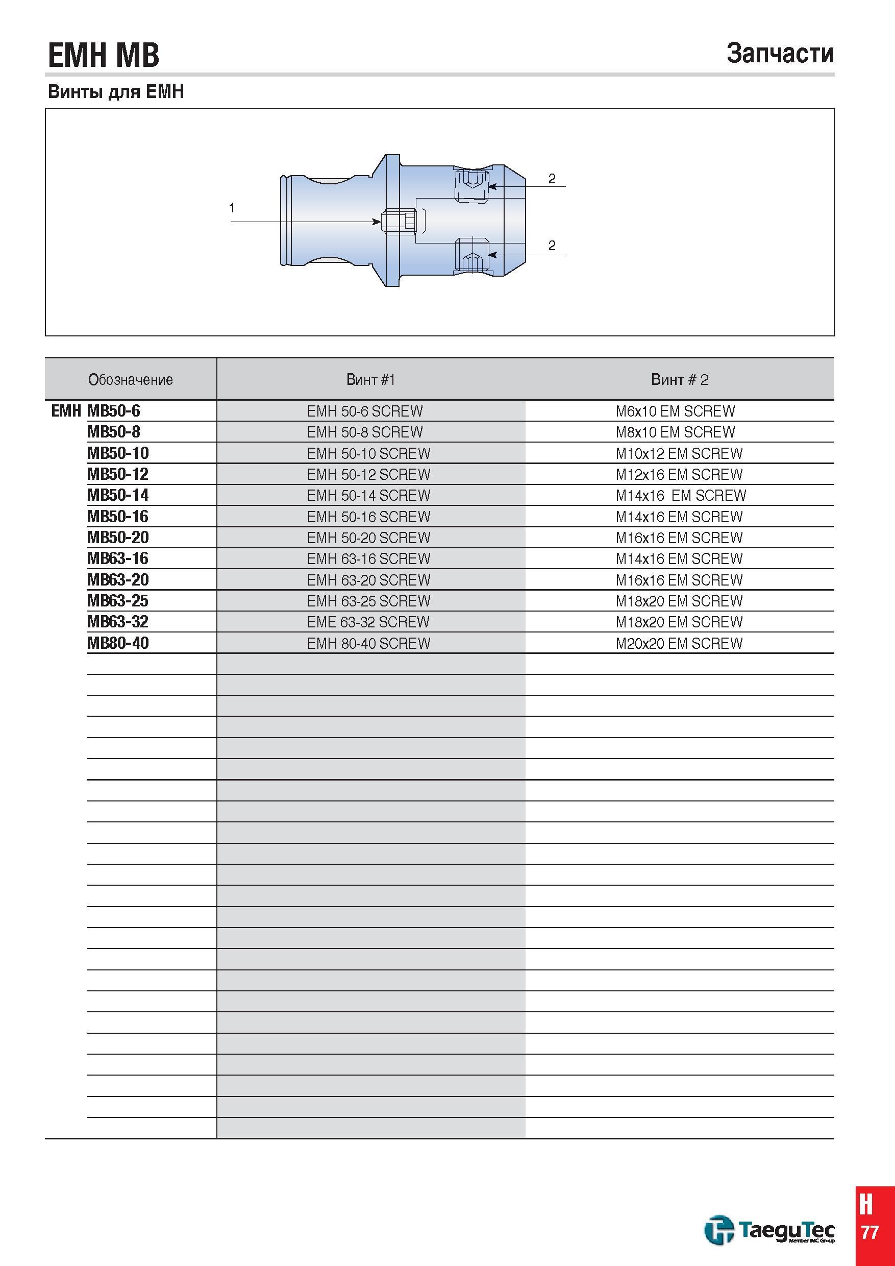 1316 EMH MB Запчасти Винты для EMH Обозначение Винт 1 Винт 2 EMH MB50-6 EMH 50-6 SCREW M6x10 EM SCREW MB50-8 EMH 50-8 SCREW M8x10 EM SCREW MB50-10 EMH Каталог TAEGUTEC 2015 Металлорежущий инструмент и инструментальная оснастка для металлообрабатывающих станков Точение Фрезерование Сверление Стр. H77