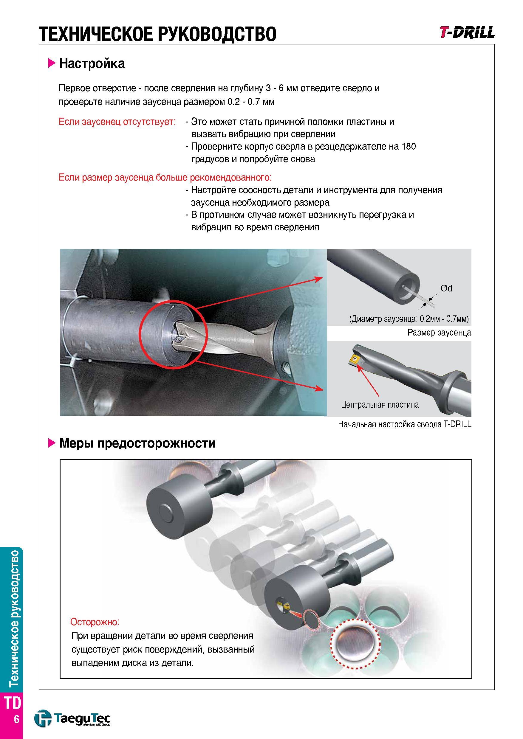 1419 Техническое руководство -DRiLL настройка Первое отверстие - после сверления на глубину 3 - 6 мм отведите сверло и проверьте наличие заусенца разм Каталог TAEGUTEC 2015 Металлорежущий инструмент и инструментальная оснастка для металлообрабатывающих станков Точение Фрезерование Сверление Стр. TD6