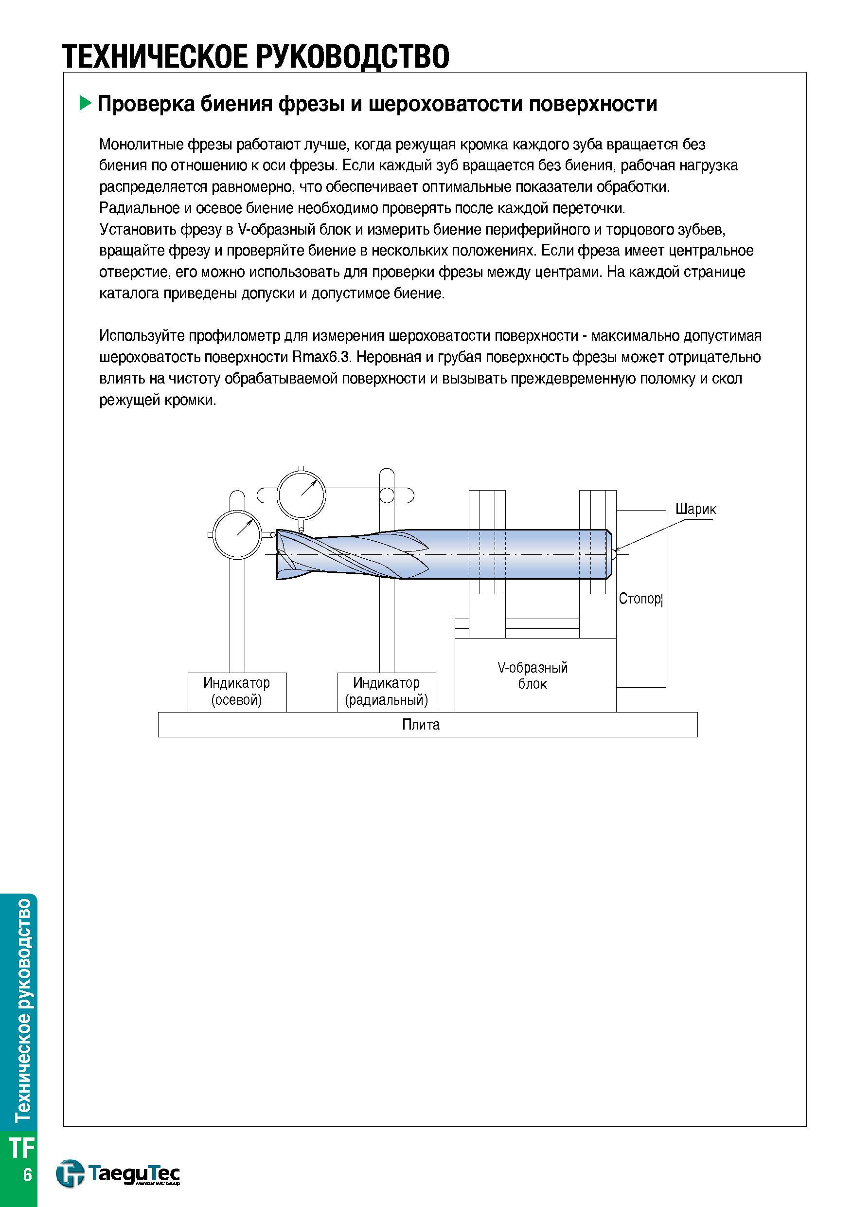 1521 Монолитные металлорежущие фрезы работают лучше, когда режущая кромка каждого зуба вращается без биения по отношению к оси фрезы Если каждый зуб в Каталог TAEGUTEC 2015 Металлорежущий инструмент и инструментальная оснастка для металлообрабатывающих станков Точение Фрезерование Сверление Стр. TF6